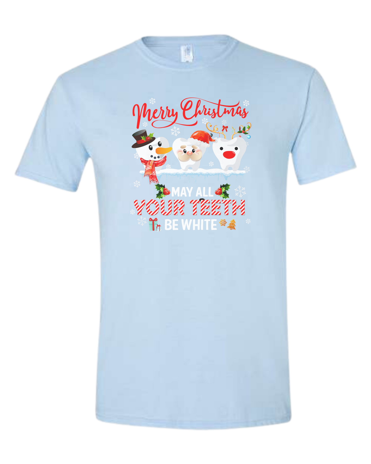 "Merry Christmas, May all your teeth be White" dental graphic Unisex crewneck graphic tee (light colors) Ice blue