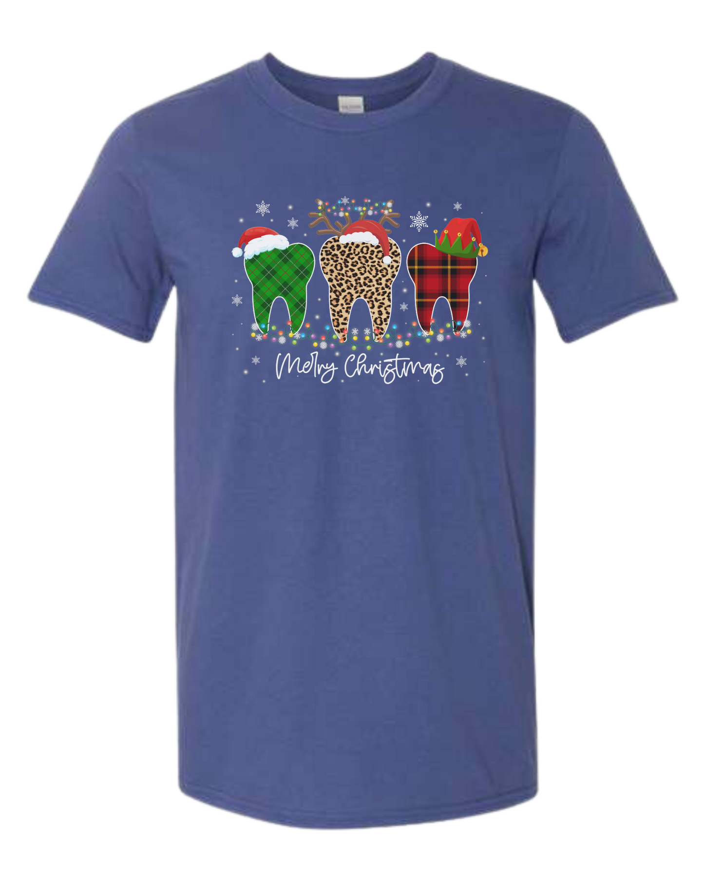 "Merry Christmas" buffalo plaid and leopard print teeth graphic Unisex crew-neck graphic tee Metro Blue