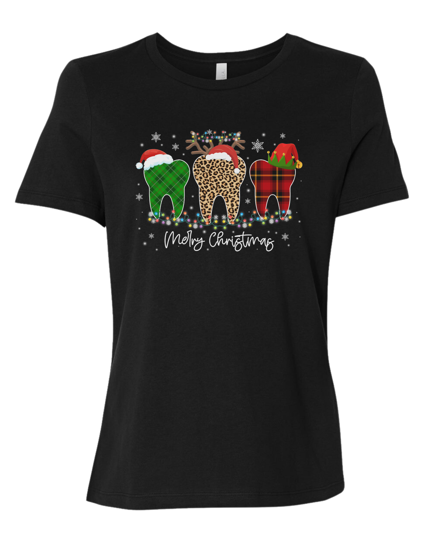 "Merry Christmas" buffalo plaid and leopard print teeth graphic Women's fit premium crewneck tee Black