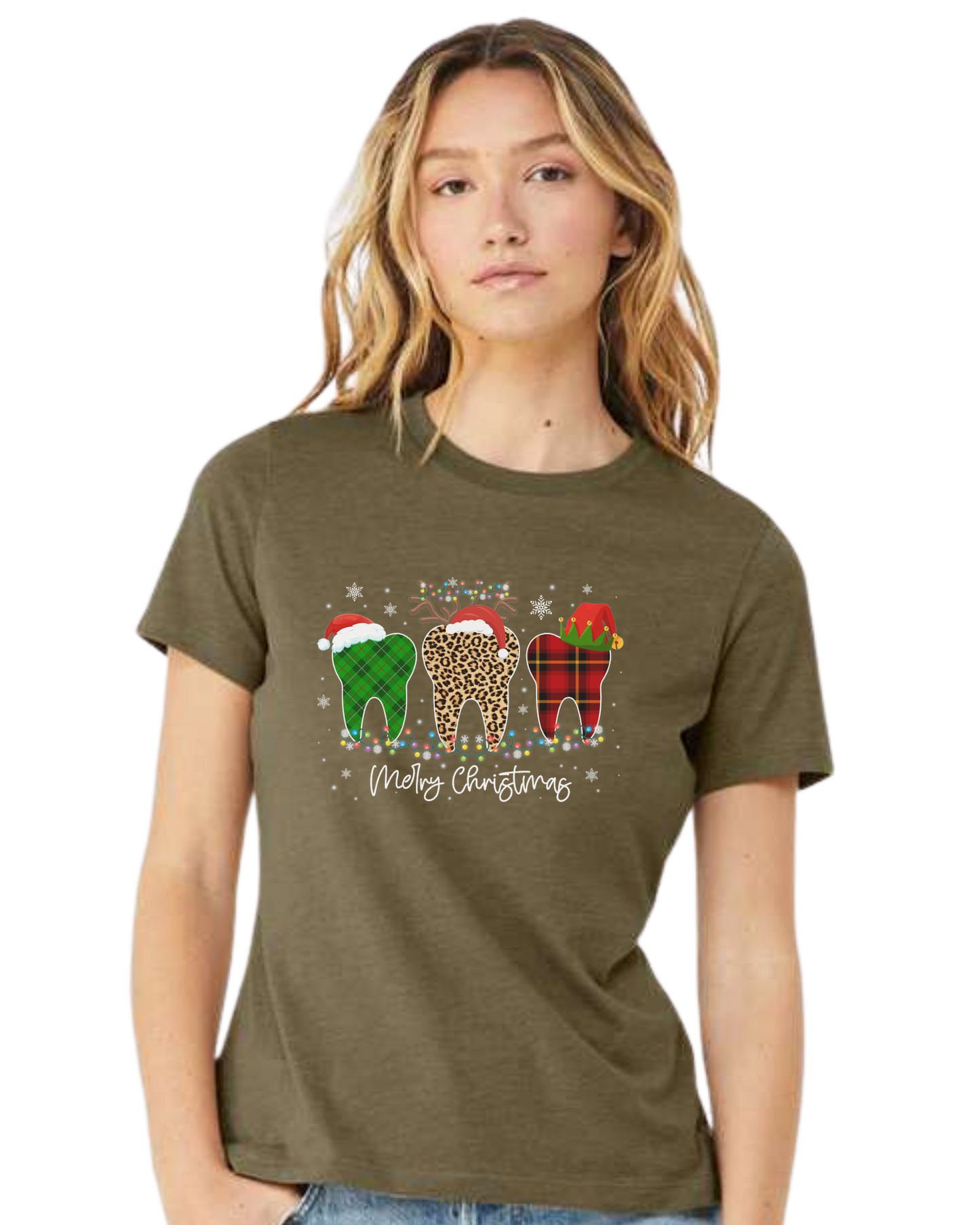 "Merry Christmas" buffalo plaid and leopard print teeth graphic Women's fit premium crewneck tee Olive