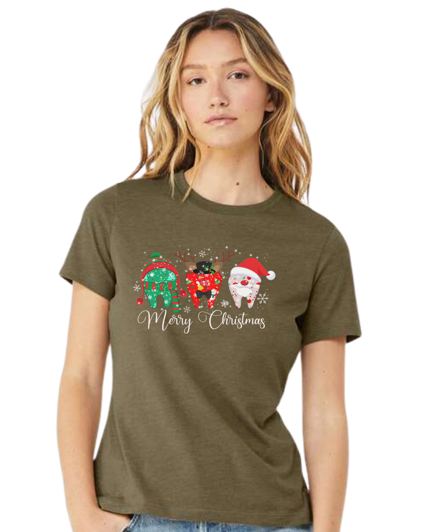 "Merry Christmas" dental graphic tee Women's fit premium crewneck tee Olive