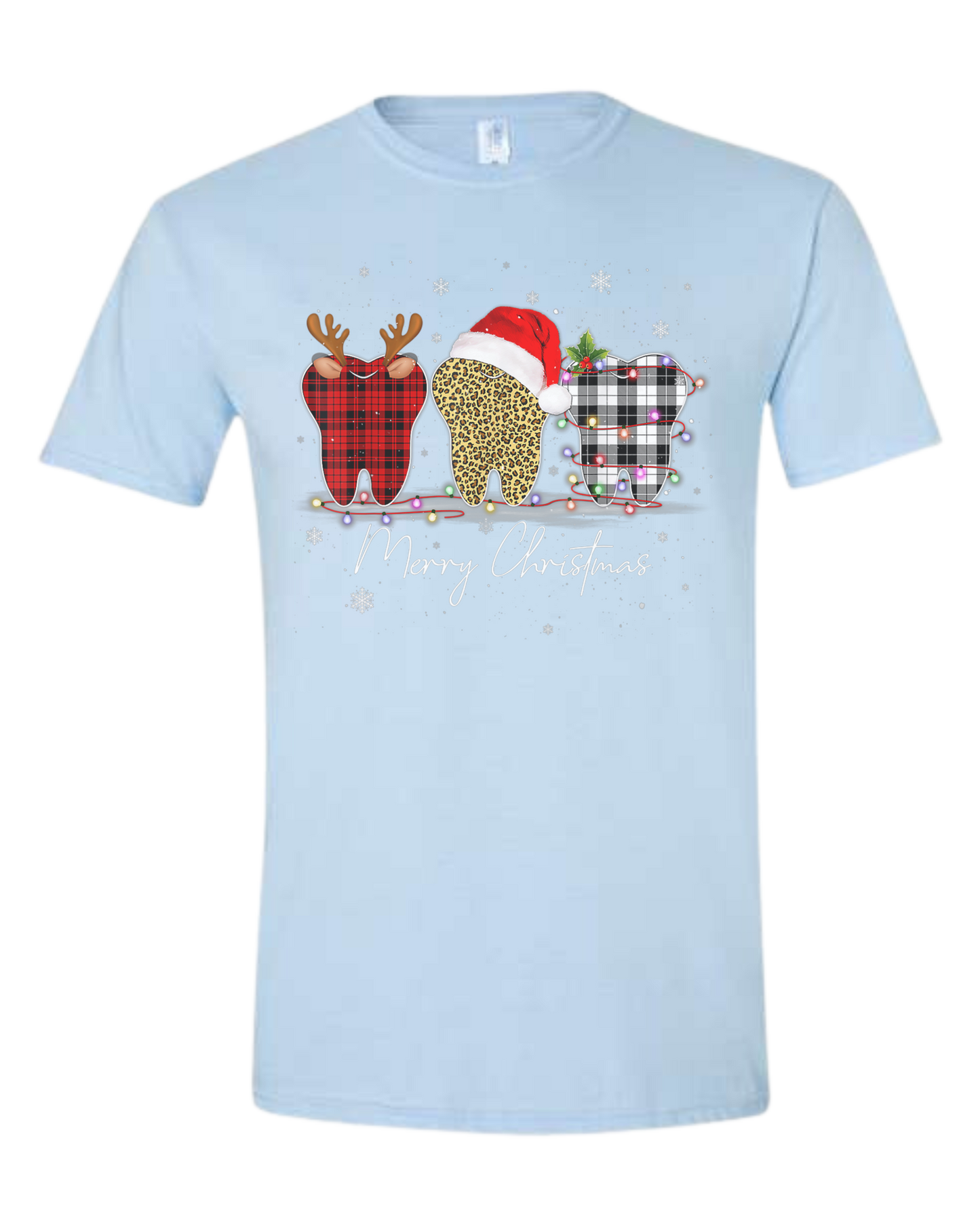 Merry Christmas three large buffalo plaid and leopard print teeth surrounded by lights design Unisex crewneck graphic tee (light colors) Ice blue