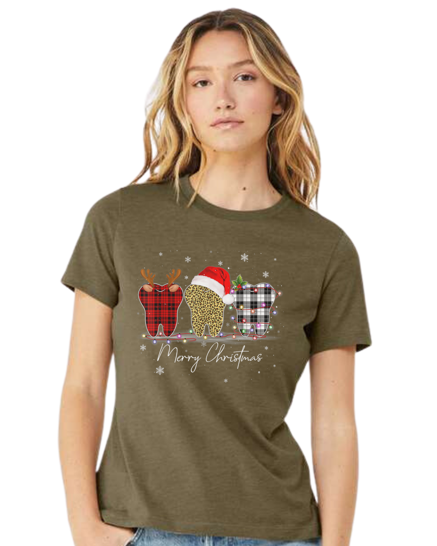 Merry Christmas three large buffalo plaid and leopard print teeth surrounded by lights design Women's fit premium crewneck tee Olive