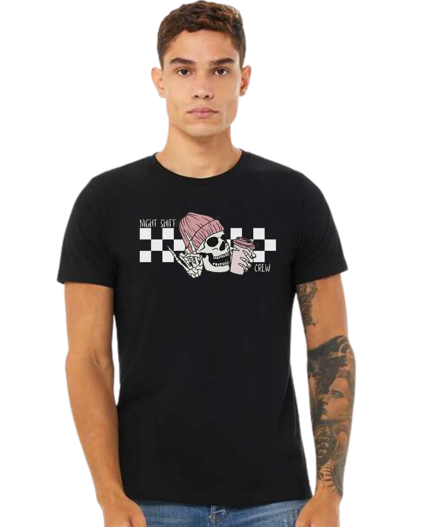 "Night Shift Crew" nursing skeleton holding coffee cup Premium unisex crewneck tee Black