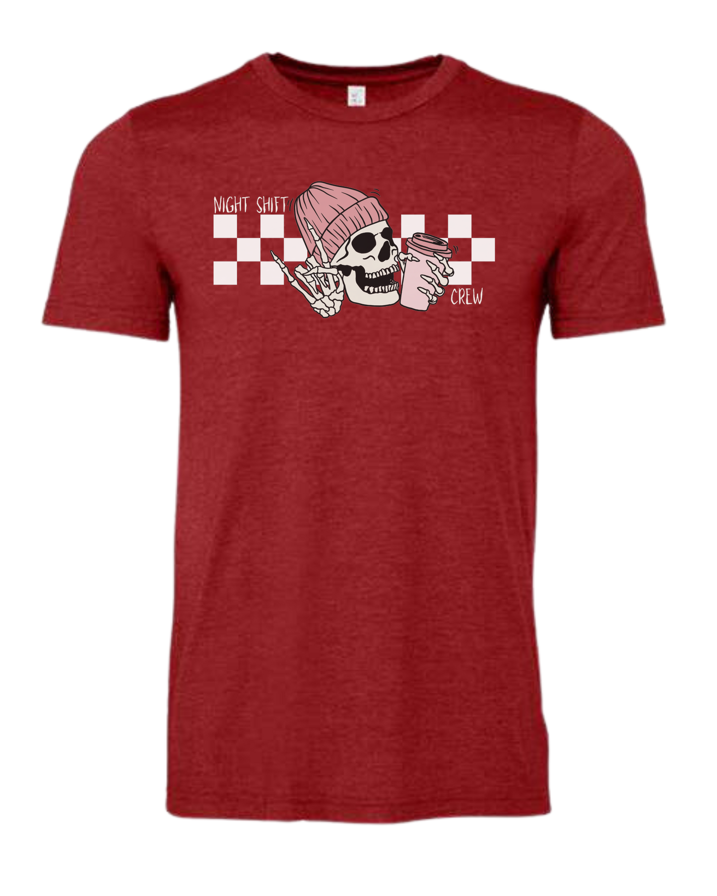 "Night Shift Crew" nursing skeleton holding coffee cup Premium unisex crewneck tee Canvas Red