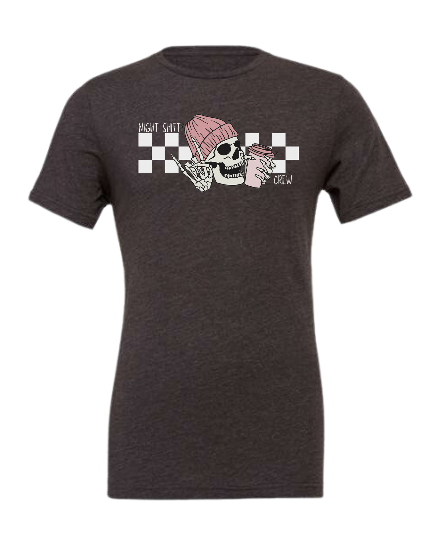 "Night Shift Crew" nursing skeleton holding coffee cup Premium unisex crewneck tee Dark Grey
