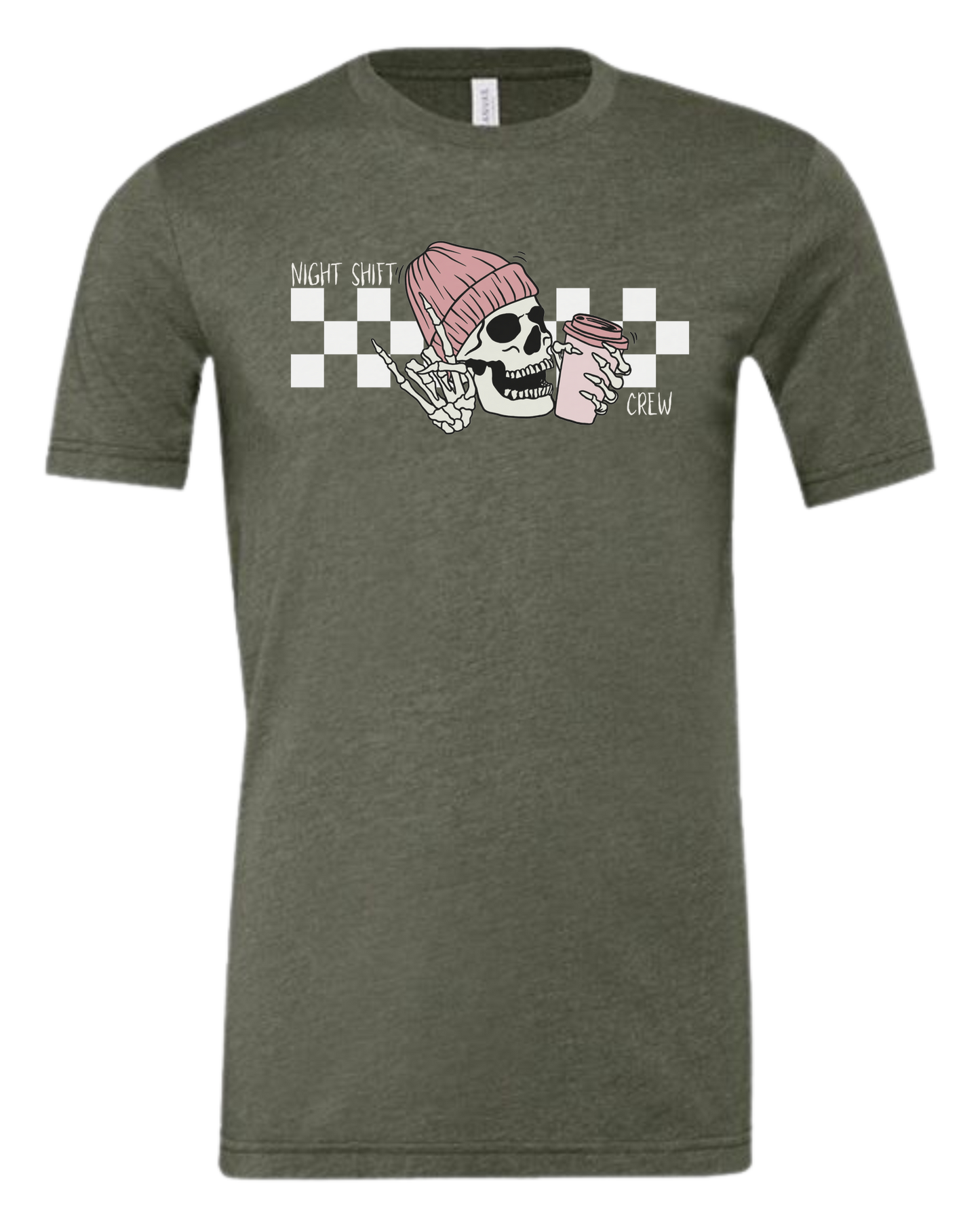 "Night Shift Crew" nursing skeleton holding coffee cup Premium unisex crewneck tee Military Green