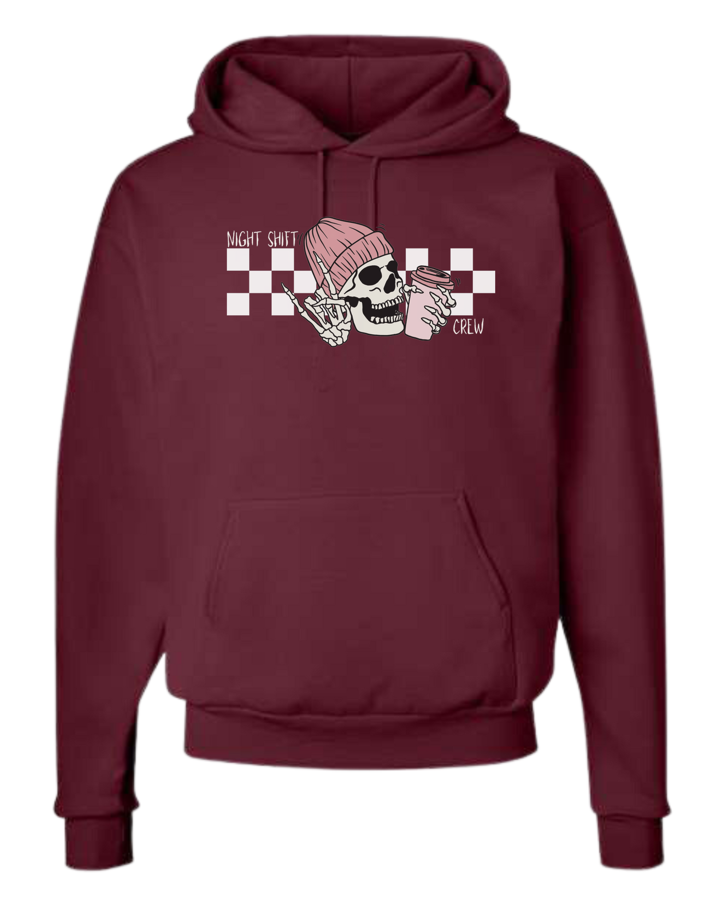 "Night Shift Crew" nursing skeleton holding coffee cup Unisex Classic Hoodie Maroon