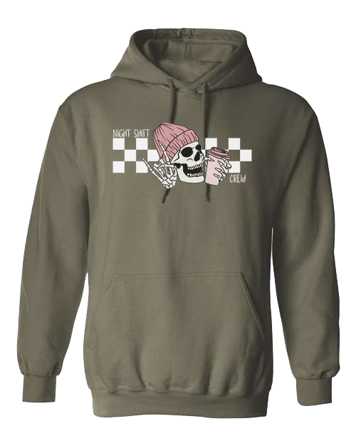 "Night Shift Crew" nursing skeleton holding coffee cup Unisex Classic Hoodie Military Green