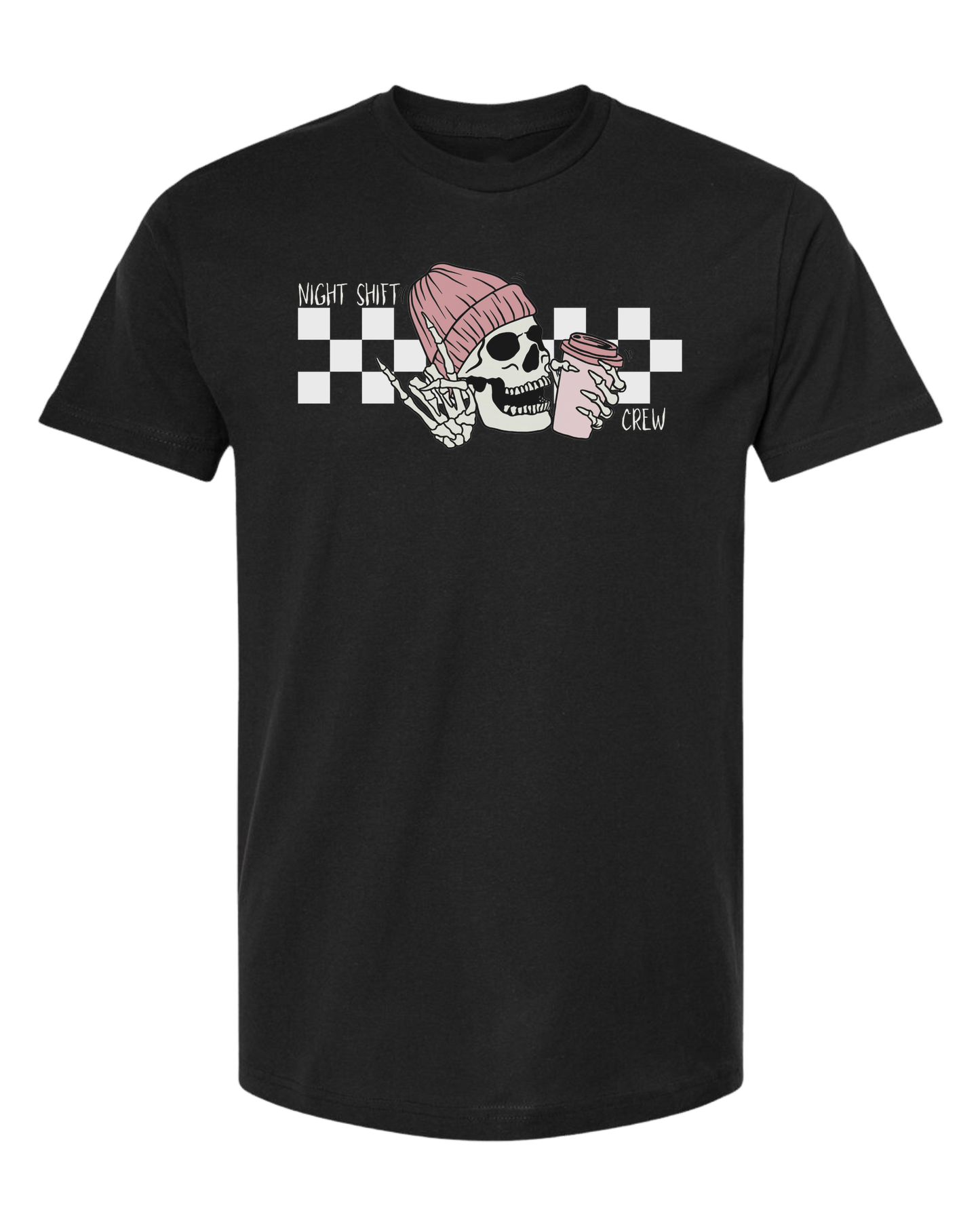 "Night Shift Crew" nursing skeleton holding coffee cup Unisex crew-neck graphic tee Black