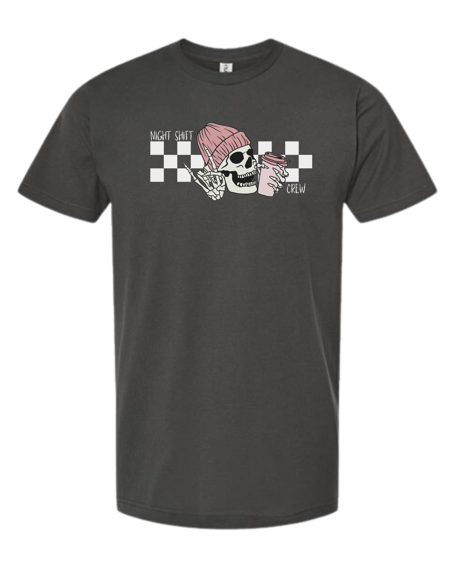 "Night Shift Crew" nursing skeleton holding coffee cup Unisex crew-neck graphic tee Charcoal Grey