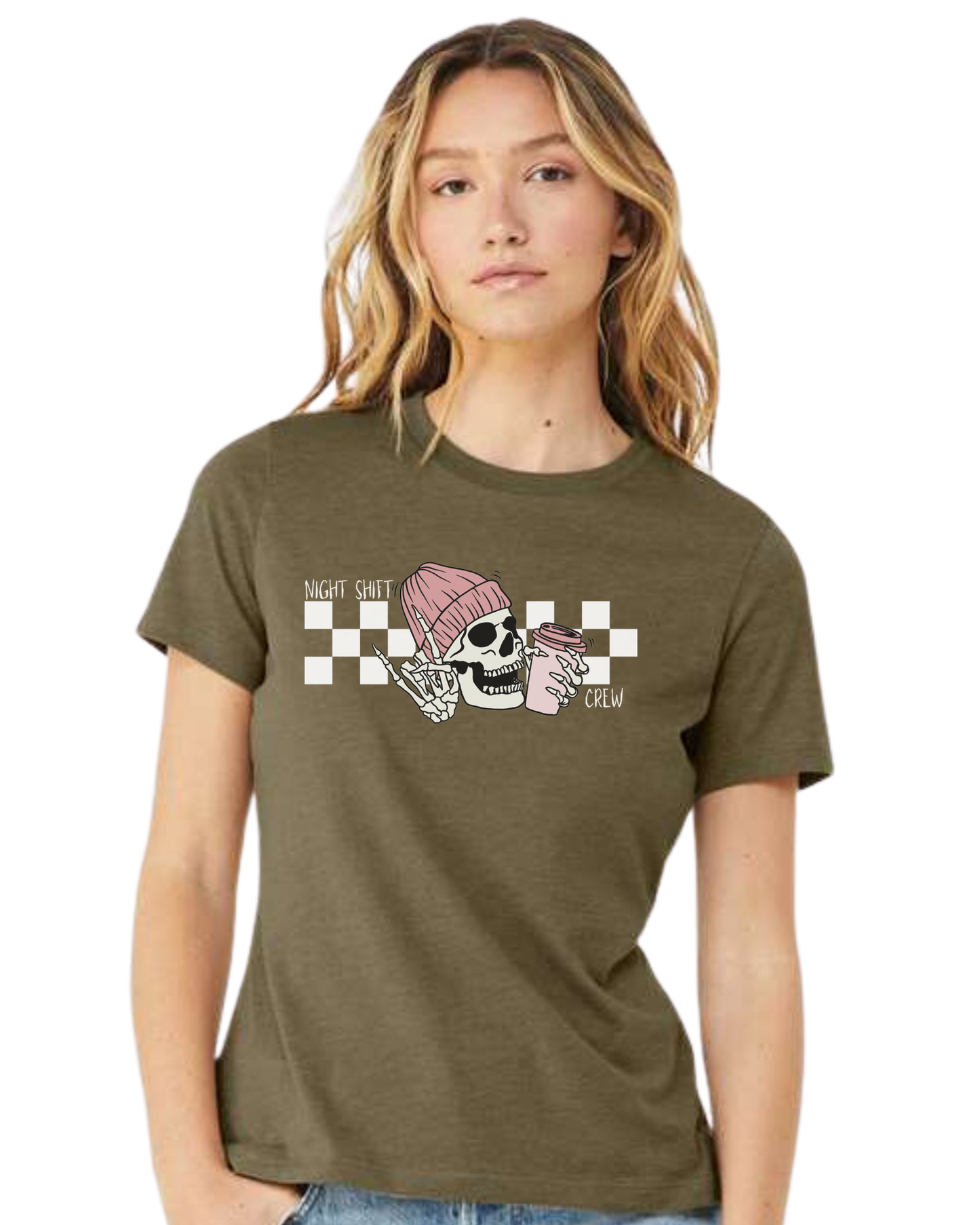 "Night Shift Crew" nursing skeleton holding coffee cup Women's fit premium crewneck tee Olive