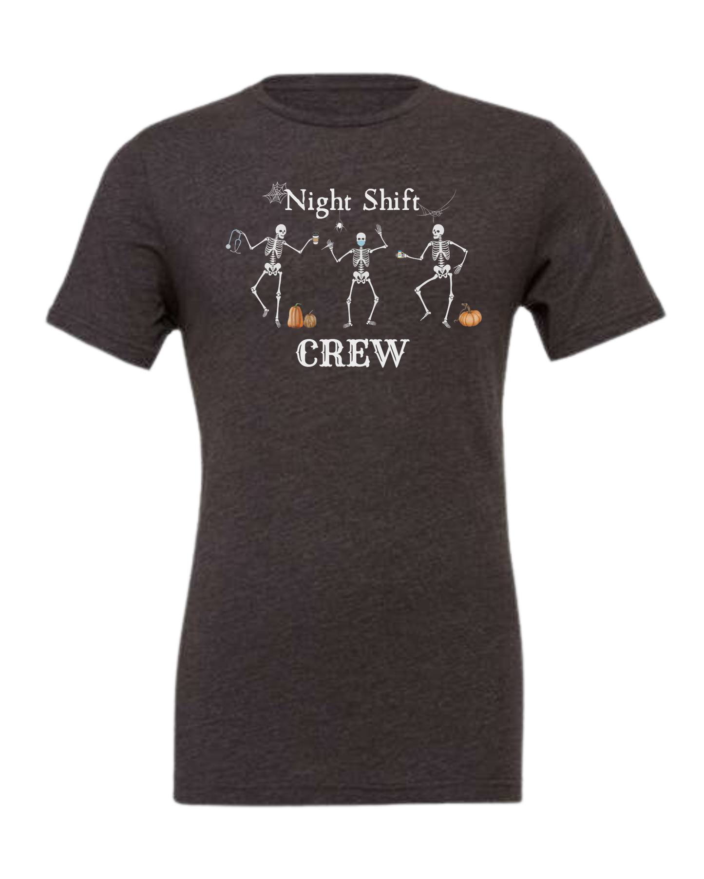 "Night Shift Crew" three skeleton nurses dancing graphic tee Premium unisex crewneck tee Dark Grey