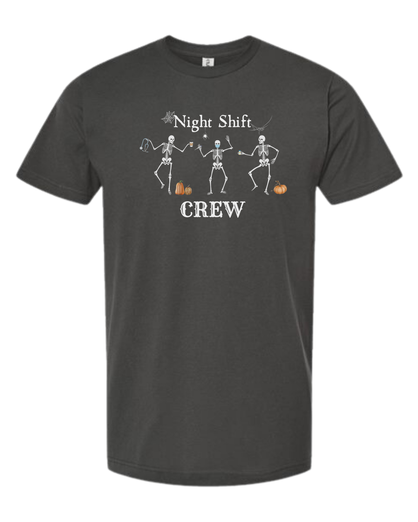 "Night Shift Crew" three skeleton nurses dancing graphic tee Unisex crew-neck graphic tee Charcoal Grey