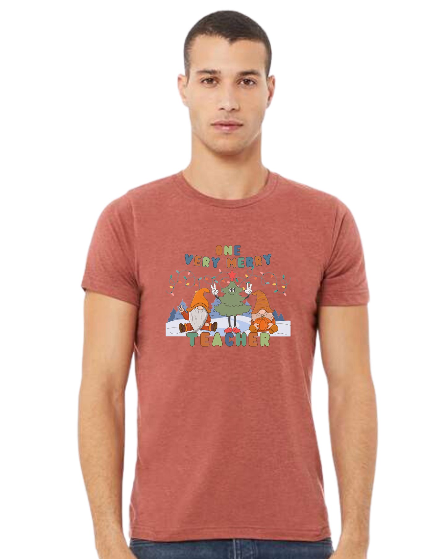 "One Very Merry Teacher" cute Christmas characters design Premium unisex crewneck tee Heather Clay