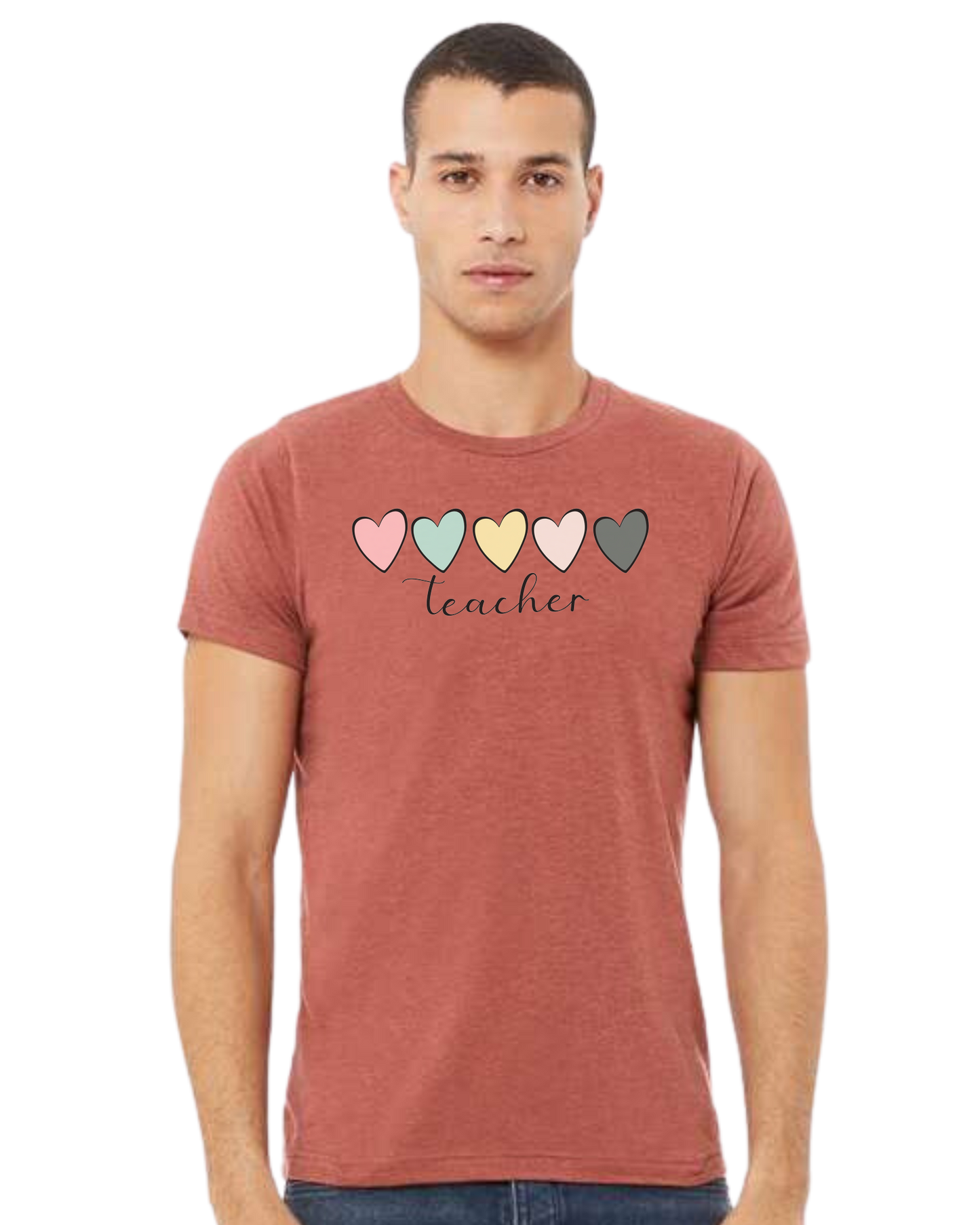 Pastel Colored minimalist hearts "TEACHER" design Premium unisex crewneck tee Heather Clay