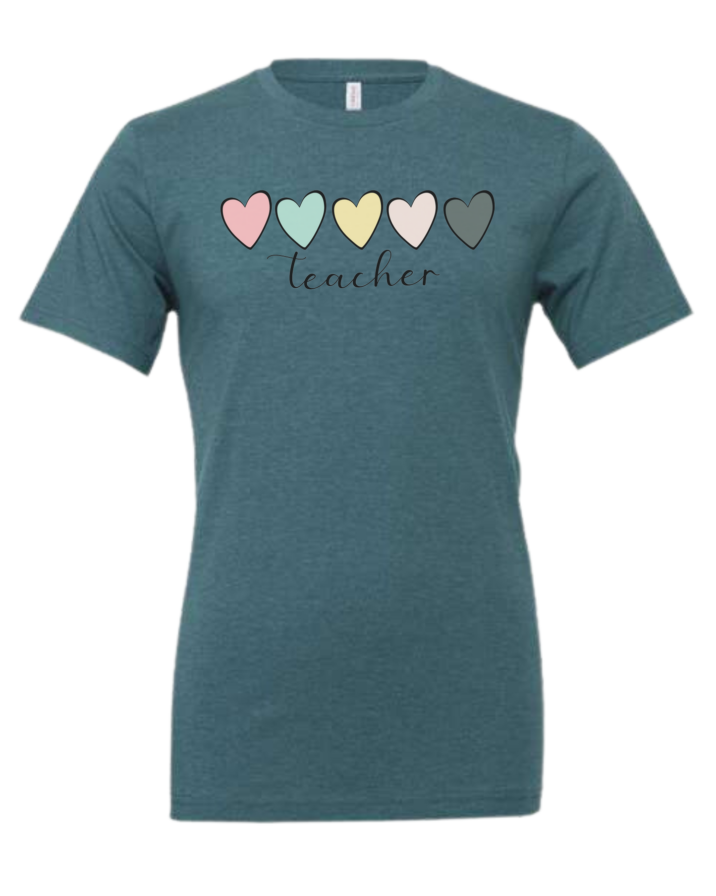 Pastel Colored minimalist hearts "TEACHER" design Premium unisex crewneck tee Heather Teal