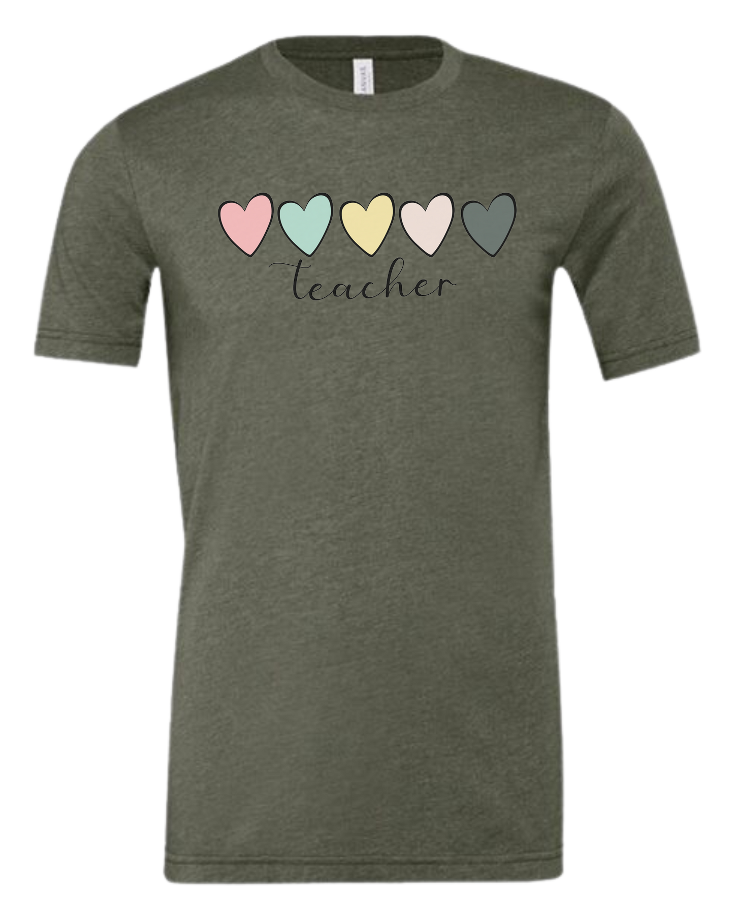 Pastel Colored minimalist hearts "TEACHER" design Premium unisex crewneck tee Military Green