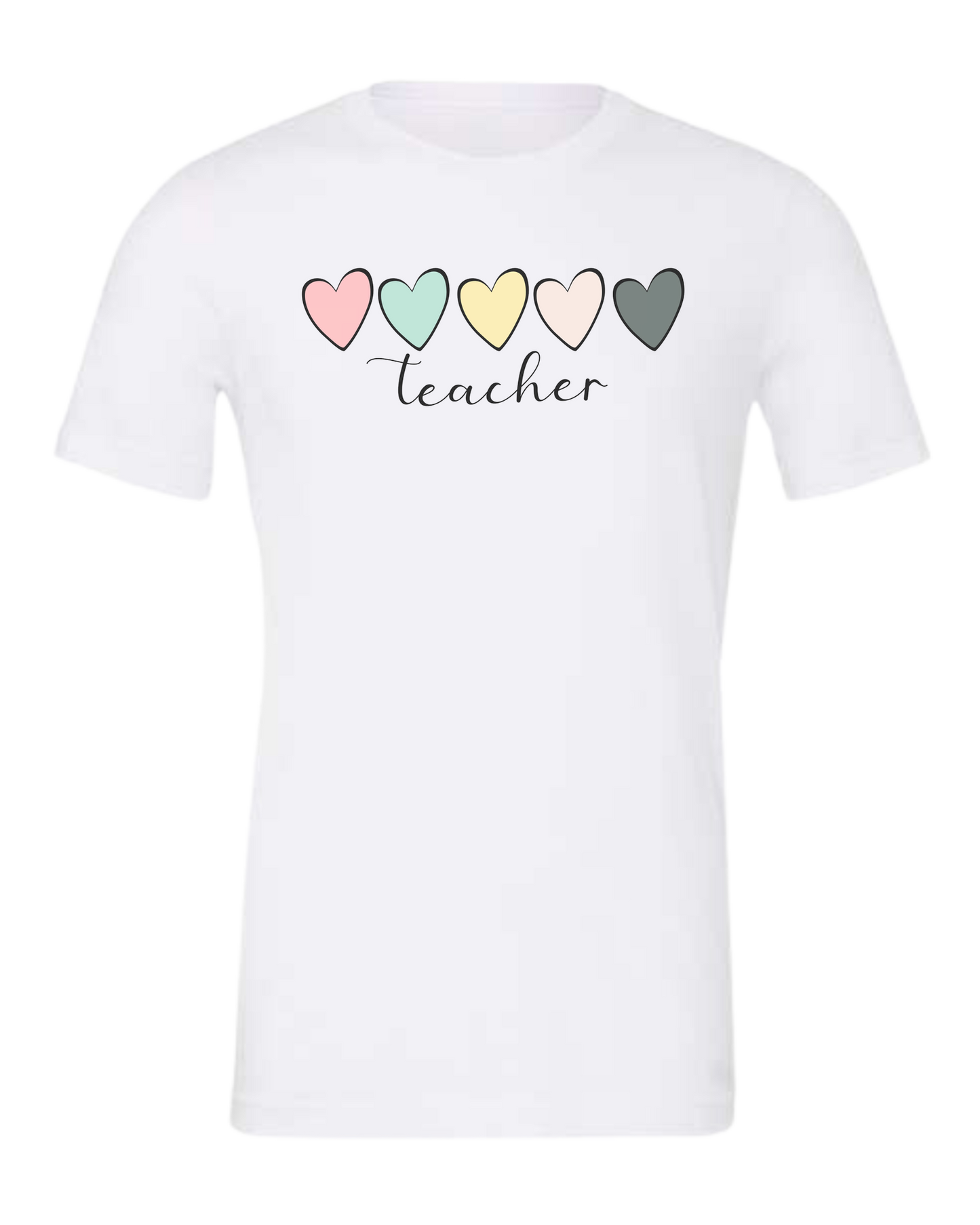 Pastel Colored minimalist hearts "TEACHER" design Premium unisex crewneck tee White