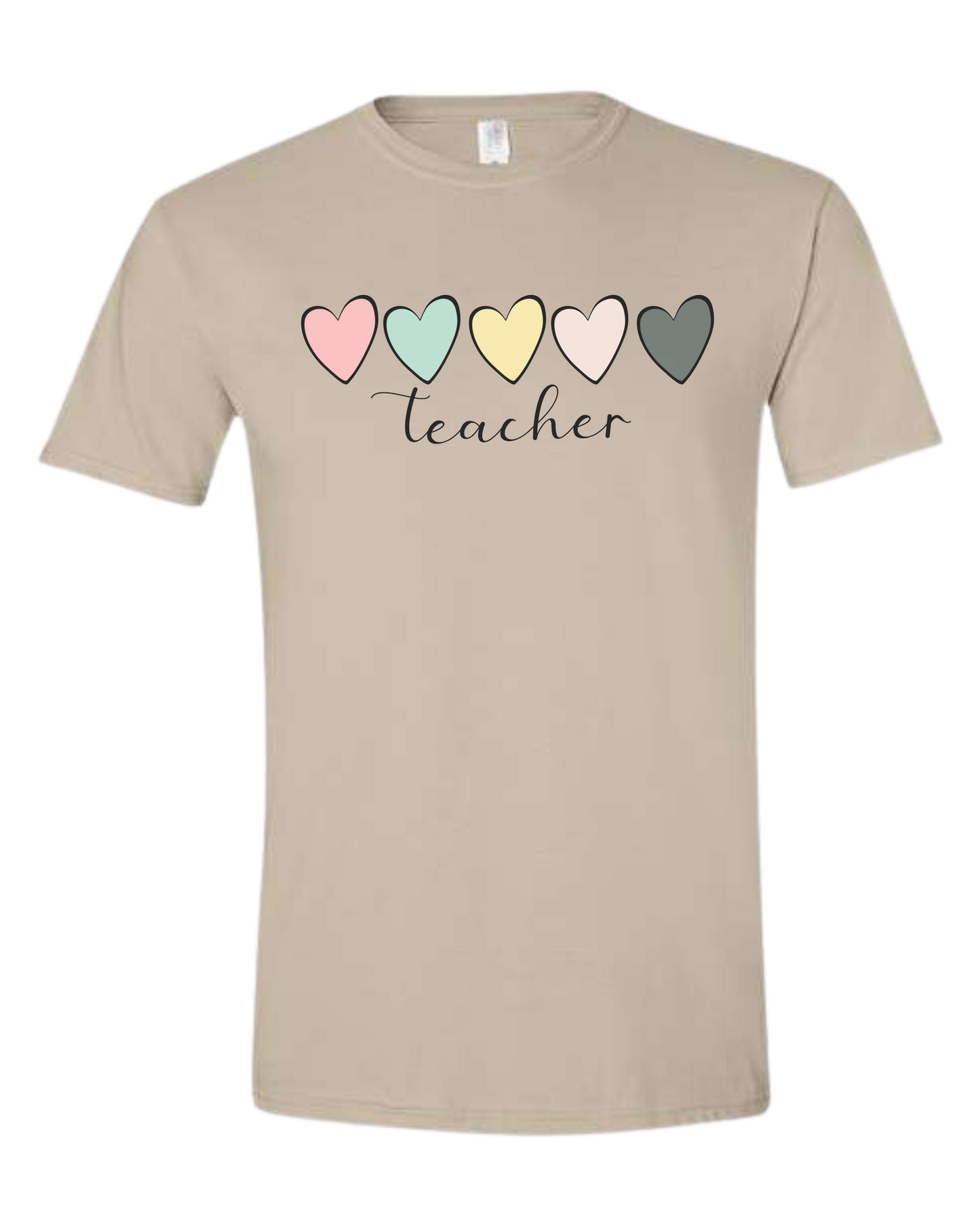 Pastel Colored minimalist hearts "TEACHER" design Unisex crewneck graphic tee (light colors) Beige