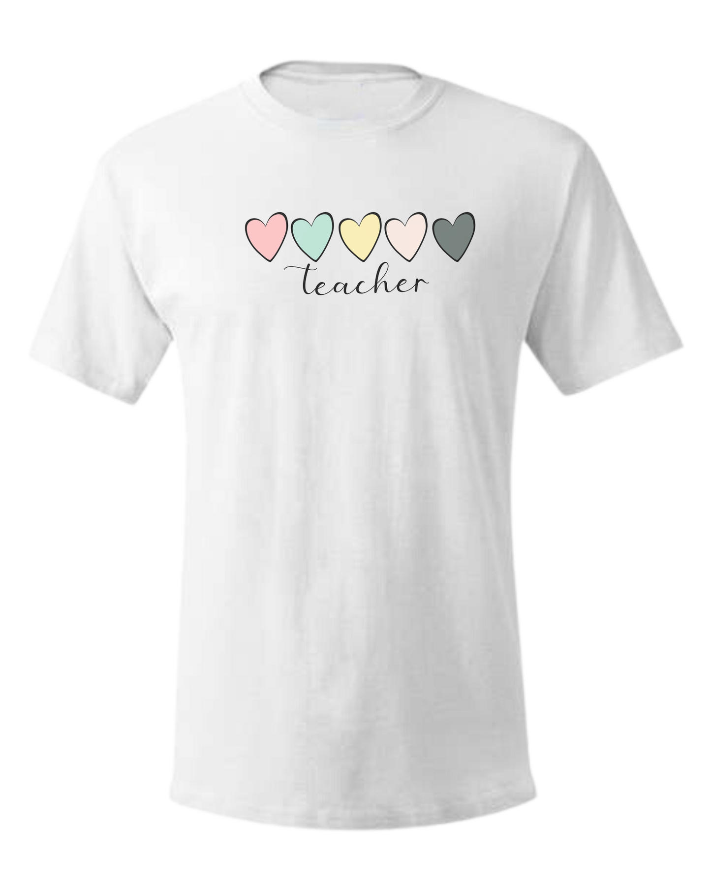 Pastel Colored minimalist hearts "TEACHER" design Unisex crewneck graphic tee (light colors) White
