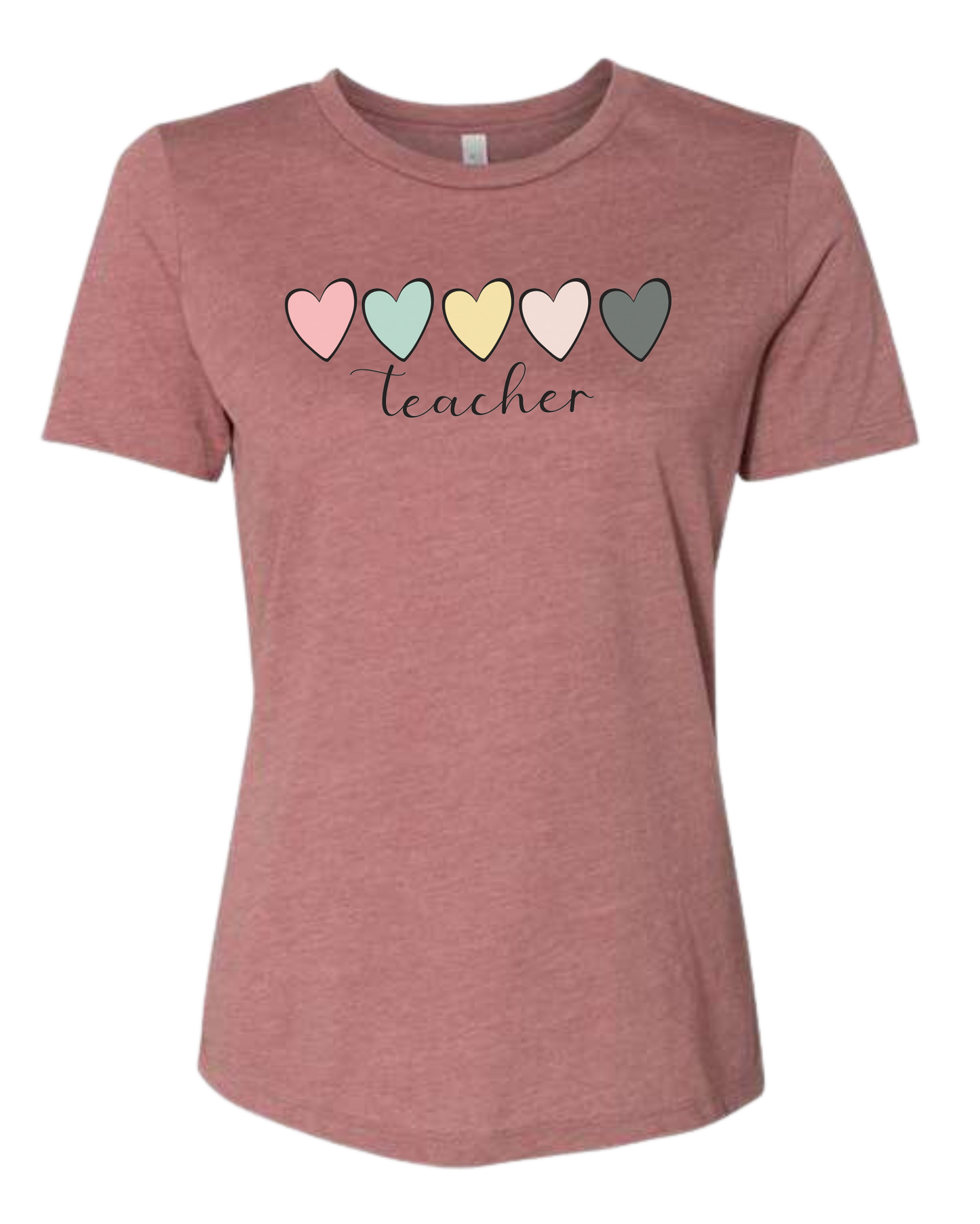 Pastel Colored minimalist hearts "TEACHER" design Women's fit premium crewneck tee Mauve Pink