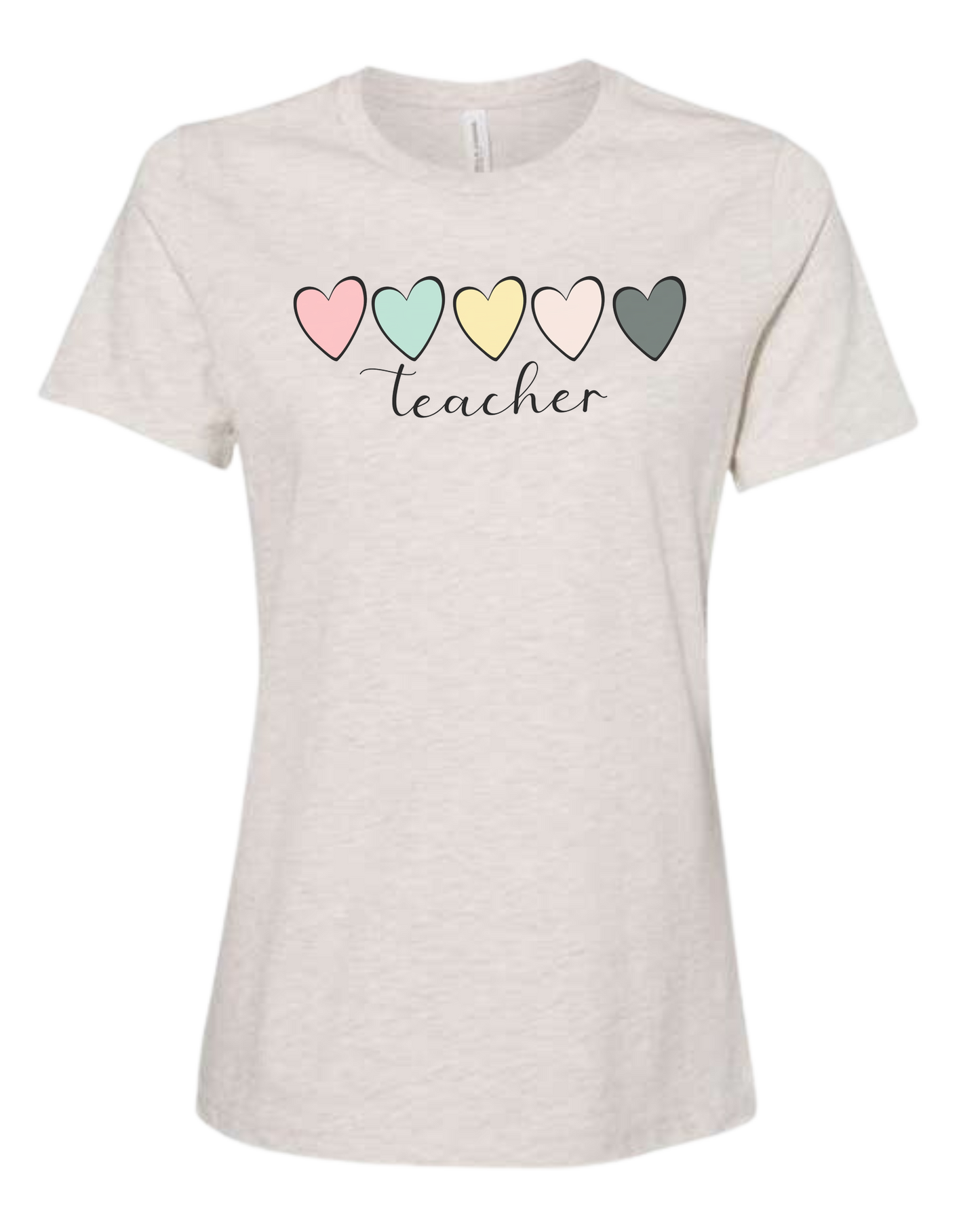 Pastel Colored minimalist hearts "TEACHER" design Women's fit premium crewneck tee Natural