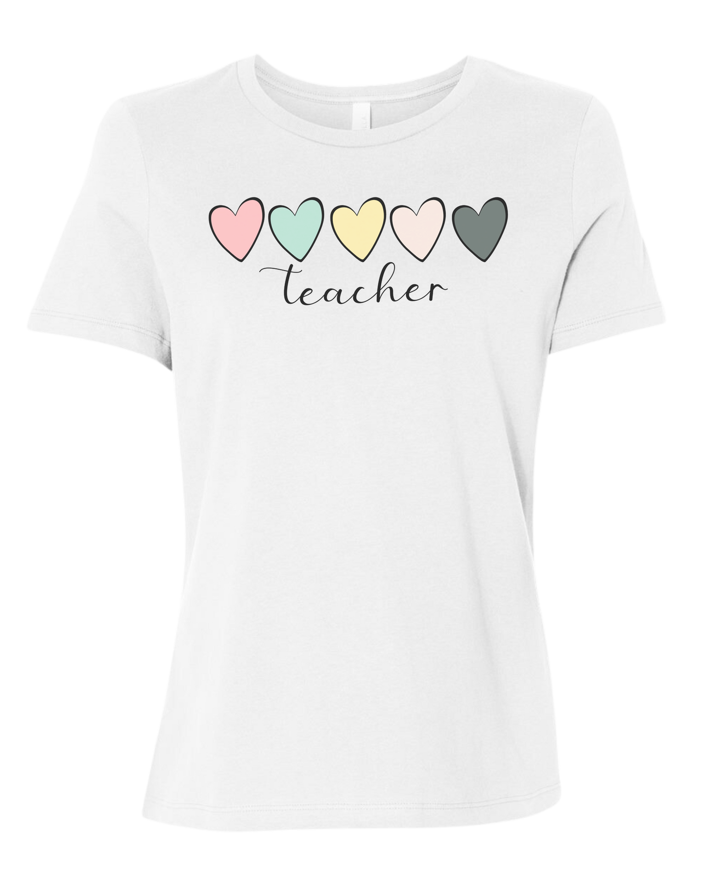 Pastel Colored minimalist hearts "TEACHER" design Women's fit premium crewneck tee White