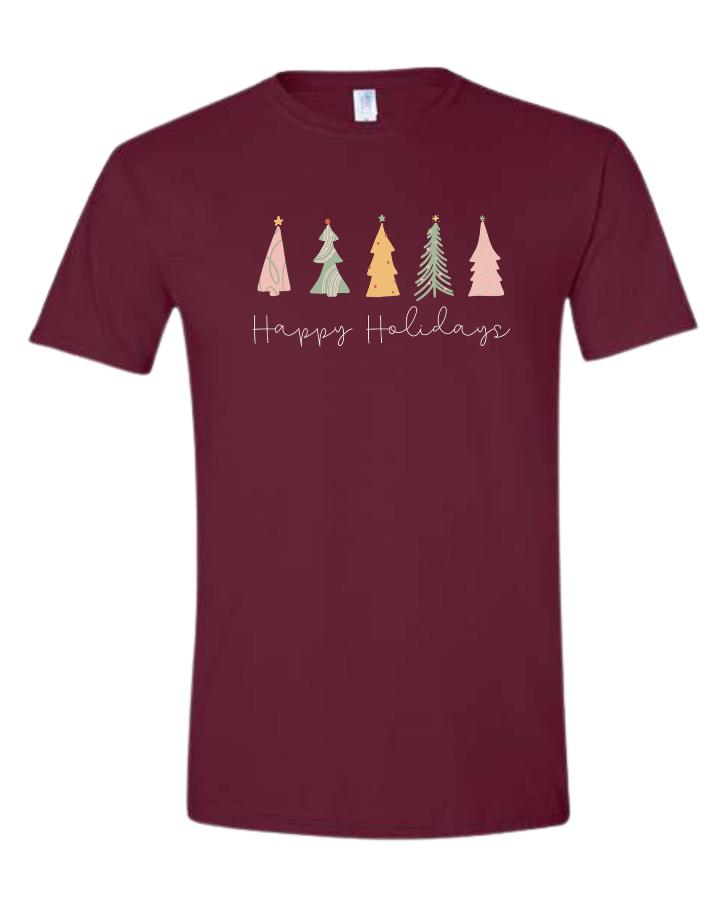 Pastel minimalist Christmas trees design Unisex crew-neck graphic tee Maroon