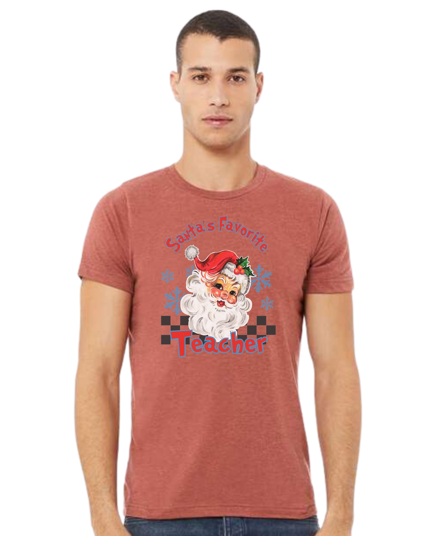 "Santa's Favorite Teacher" design Premium unisex crewneck tee Heather Clay