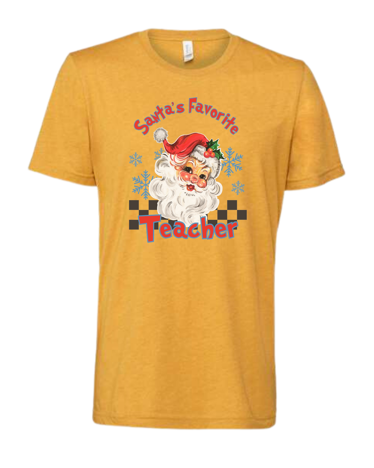 "Santa's Favorite Teacher" design Premium unisex crewneck tee Heather Mustard