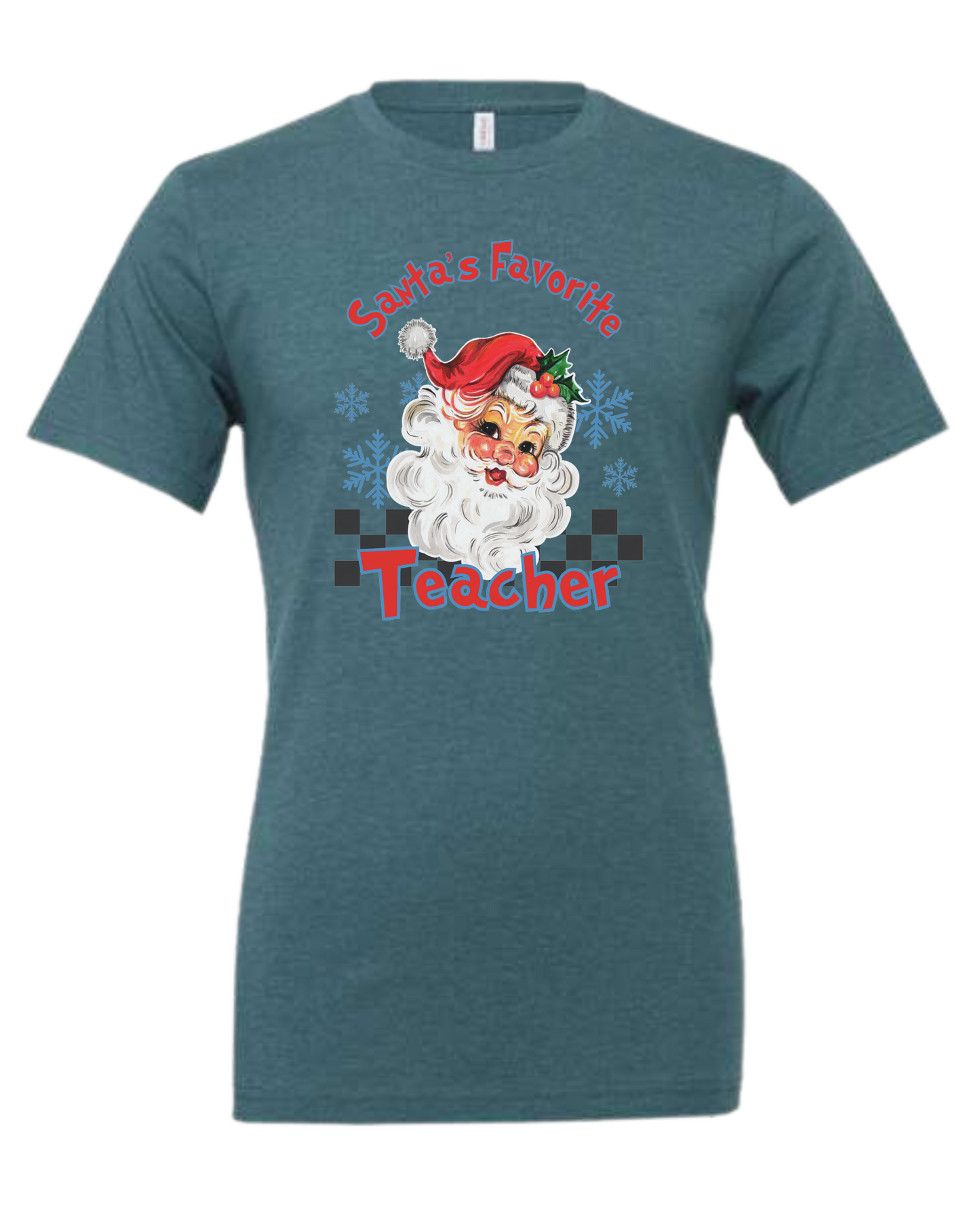 "Santa's Favorite Teacher" design Premium unisex crewneck tee Heather Teal