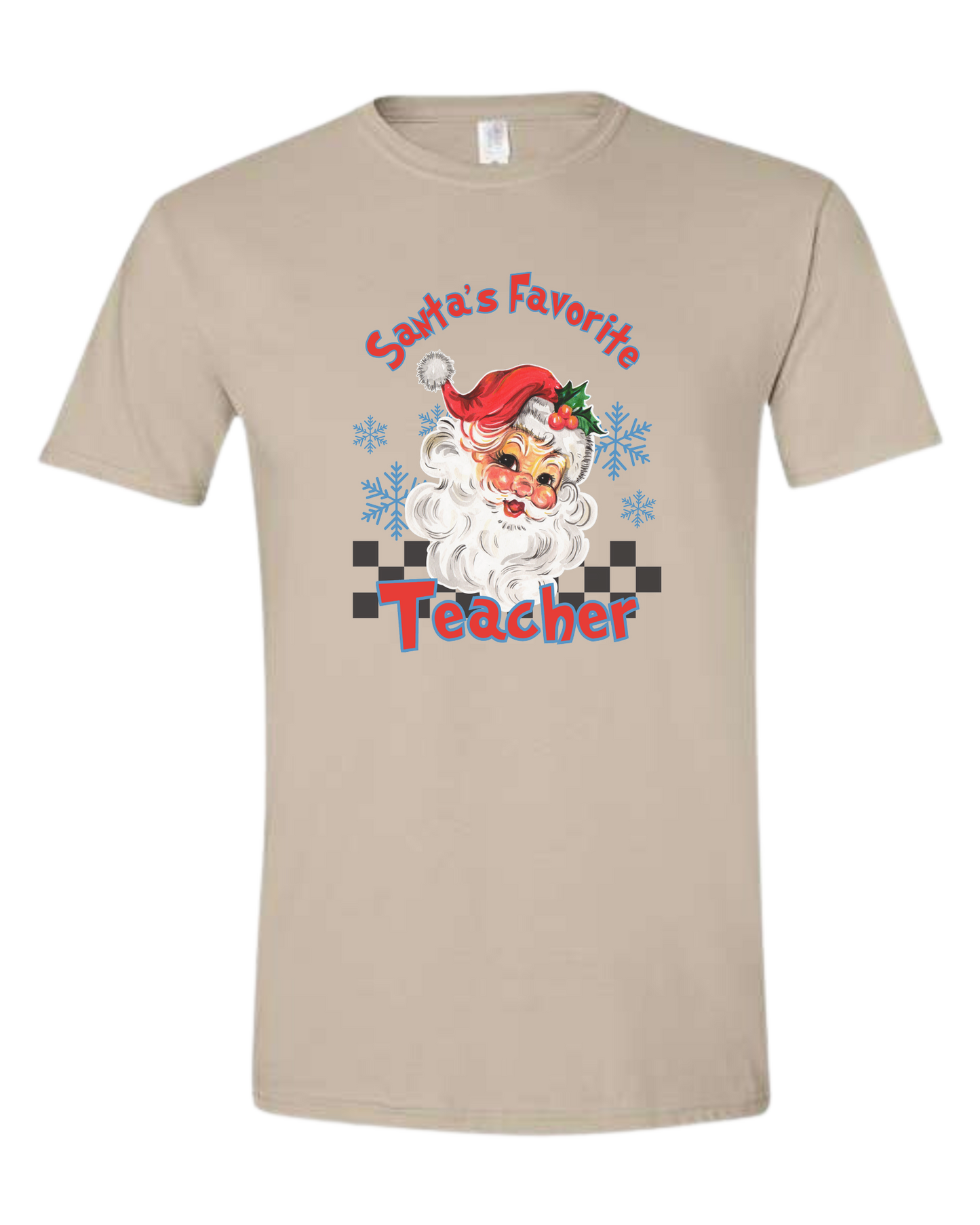 "Santa's Favorite Teacher" design Unisex crewneck graphic tee (light colors) Beige