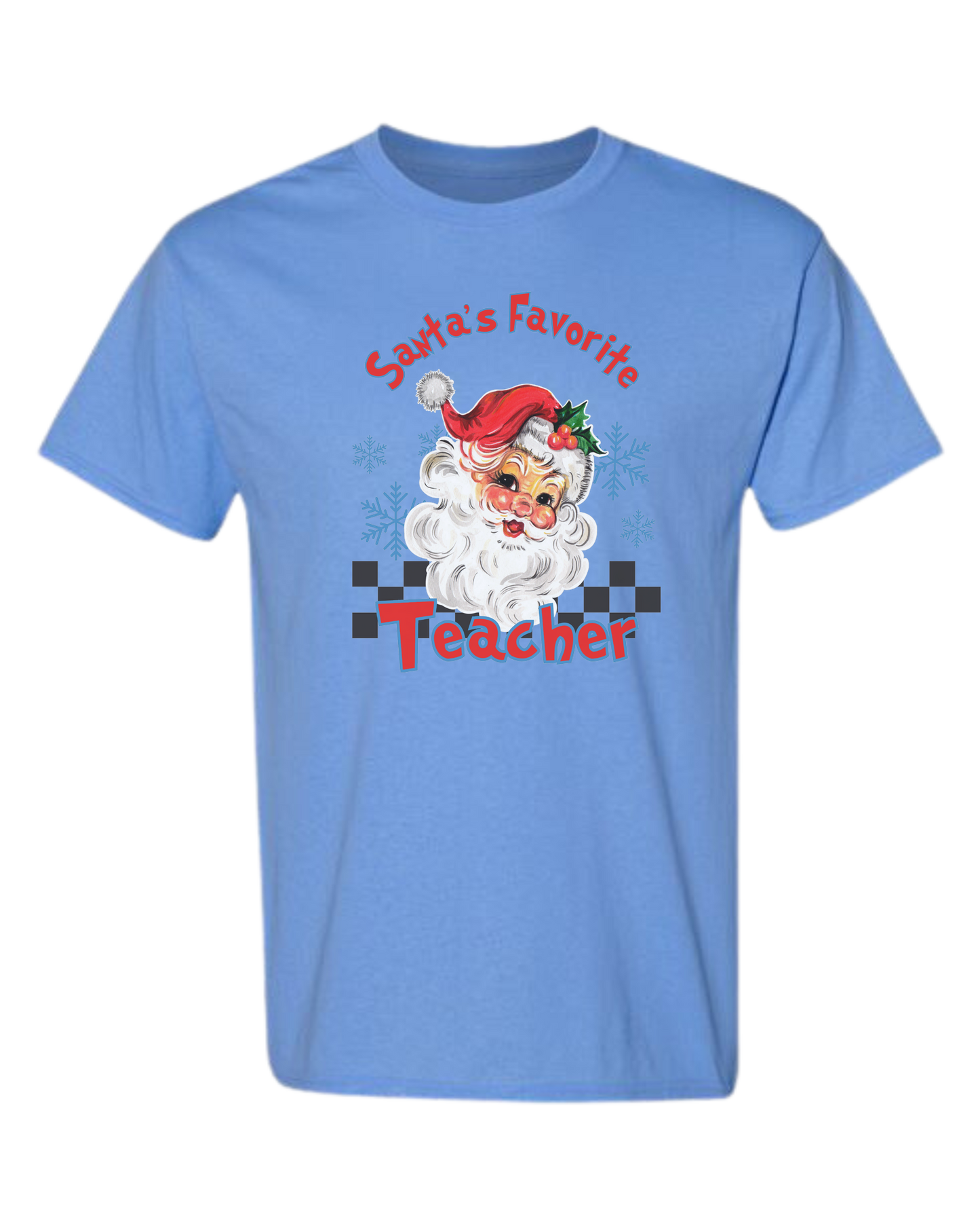 "Santa's Favorite Teacher" design Unisex crewneck graphic tee (light colors) Caroline Blue