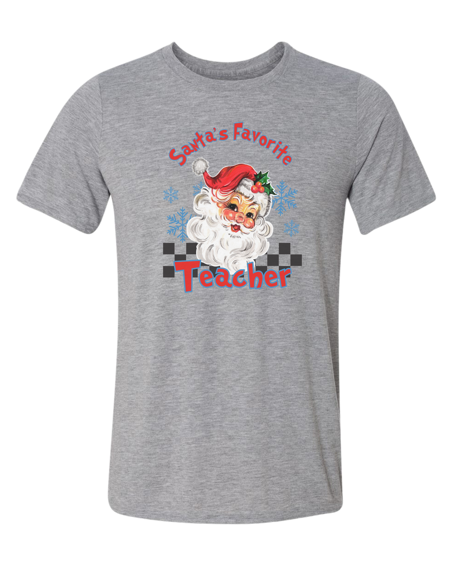 "Santa's Favorite Teacher" design Unisex crewneck graphic tee (light colors) Heather Grey