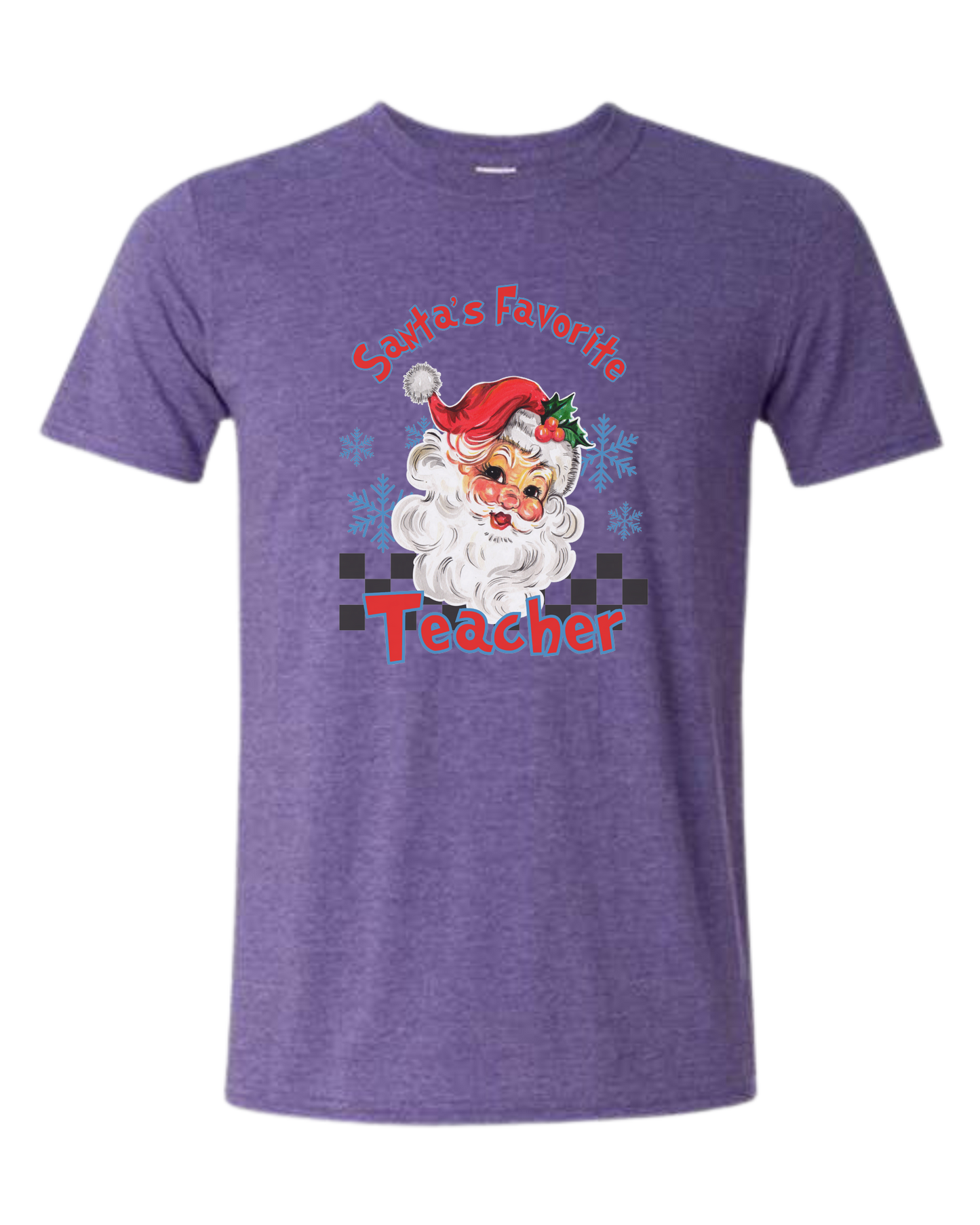 "Santa's Favorite Teacher" design Unisex crewneck graphic tee (light colors) Heather Purple