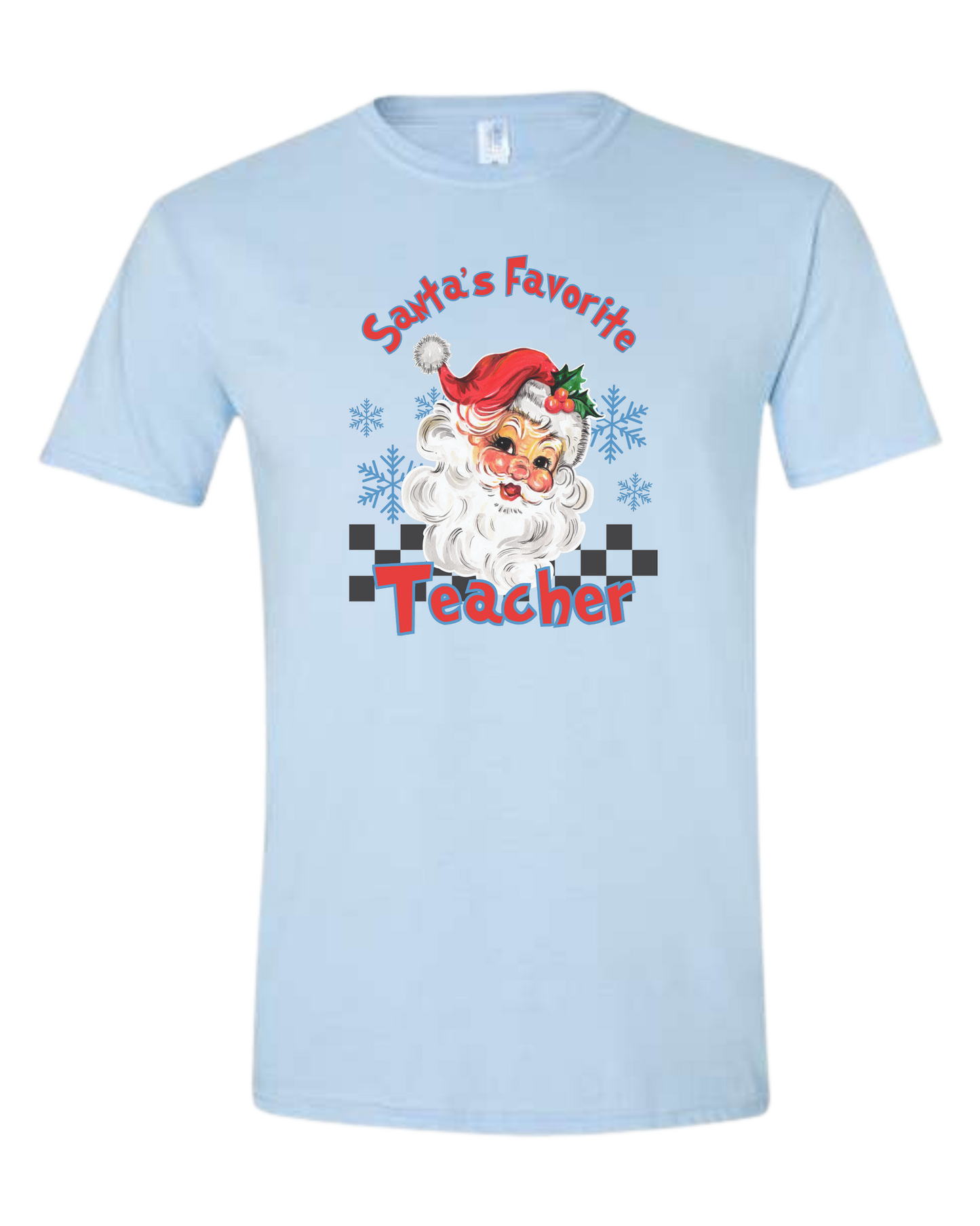 "Santa's Favorite Teacher" design Unisex crewneck graphic tee (light colors) Ice blue