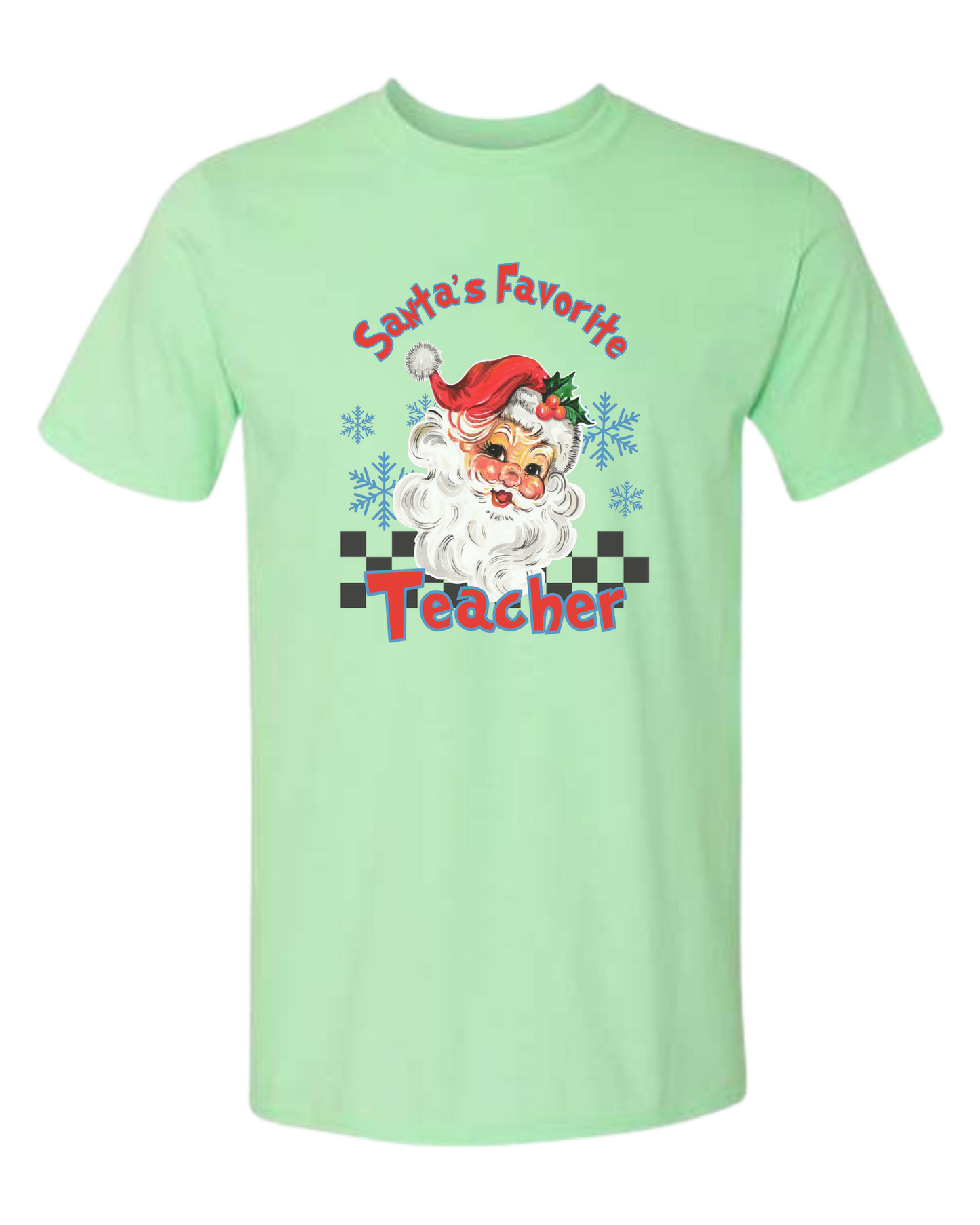 "Santa's Favorite Teacher" design Unisex crewneck graphic tee (light colors) Mint Green