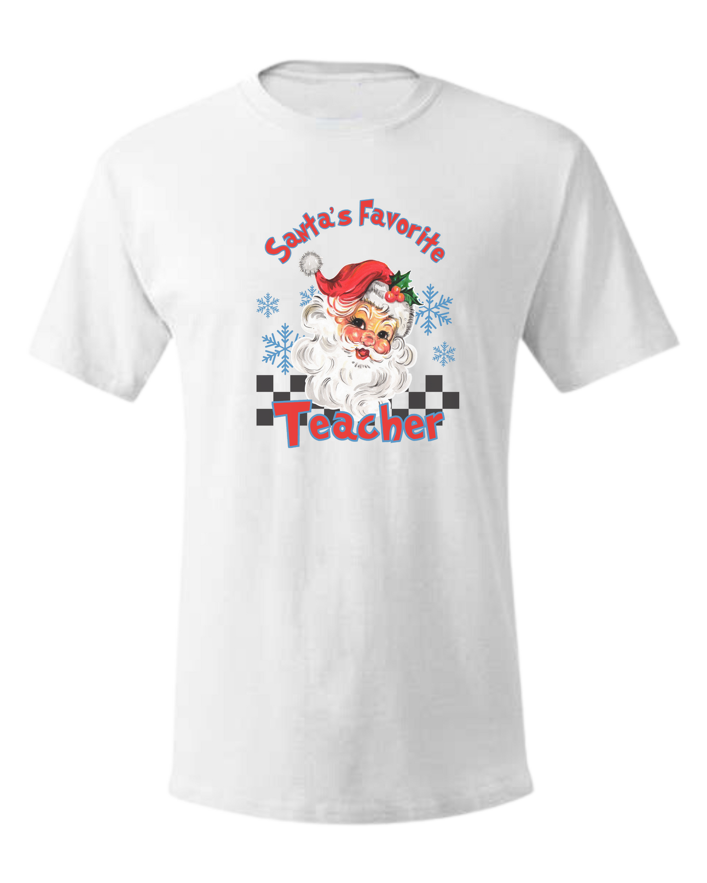 "Santa's Favorite Teacher" design Unisex crewneck graphic tee (light colors) White