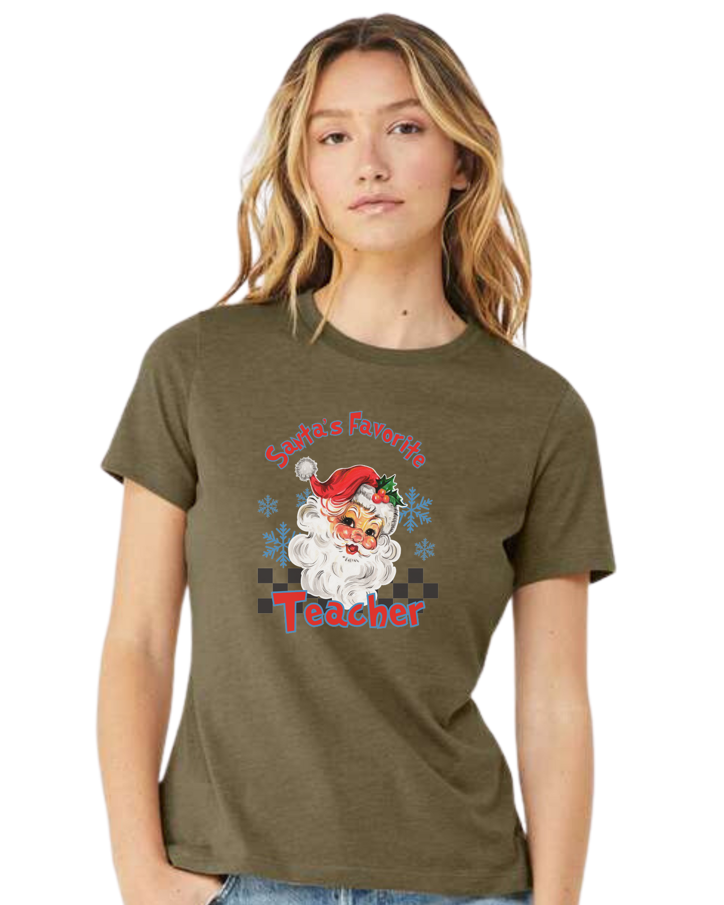 "Santa's Favorite Teacher" design Women's fit premium crewneck tee Olive