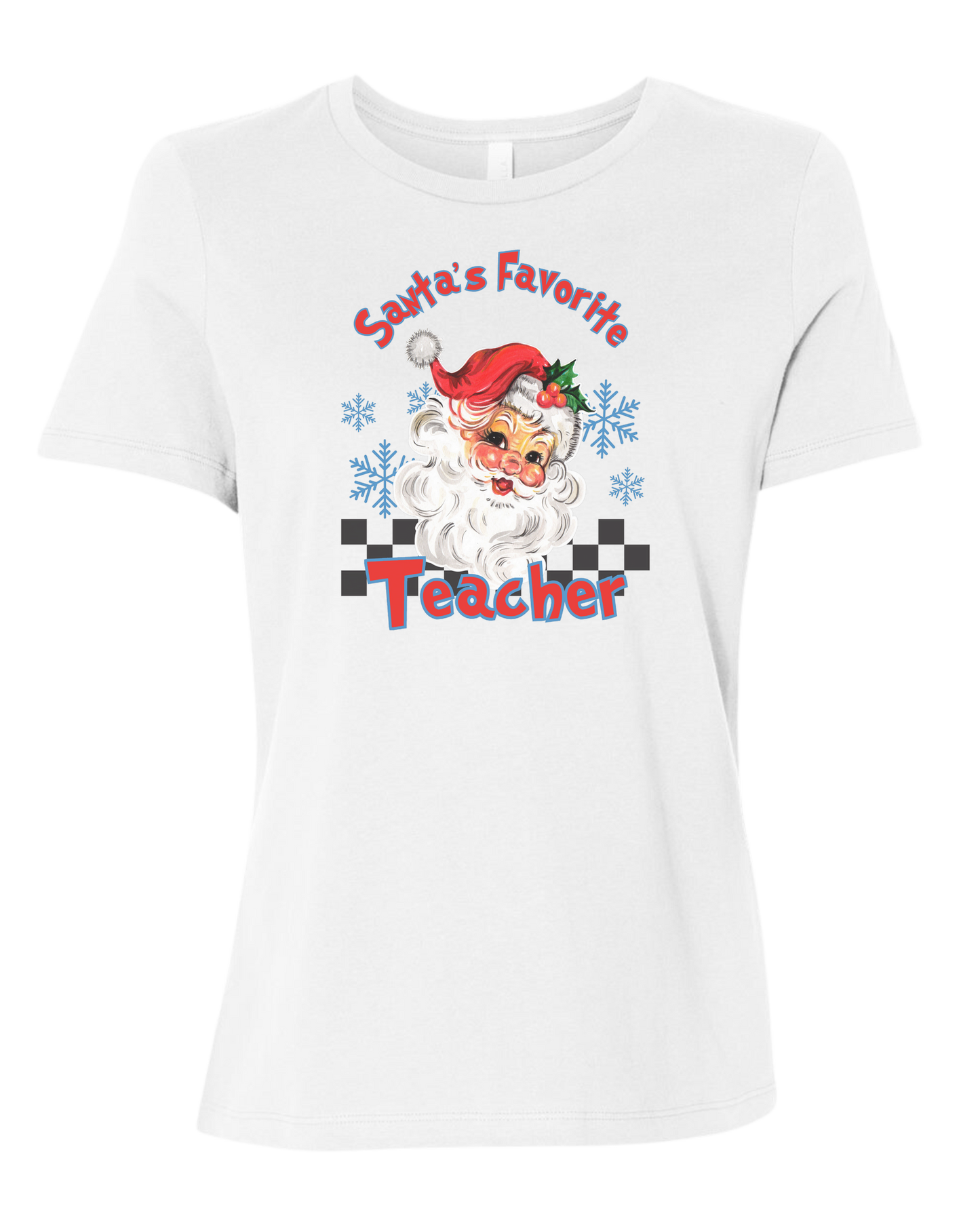"Santa's Favorite Teacher" design Women's fit premium crewneck tee White