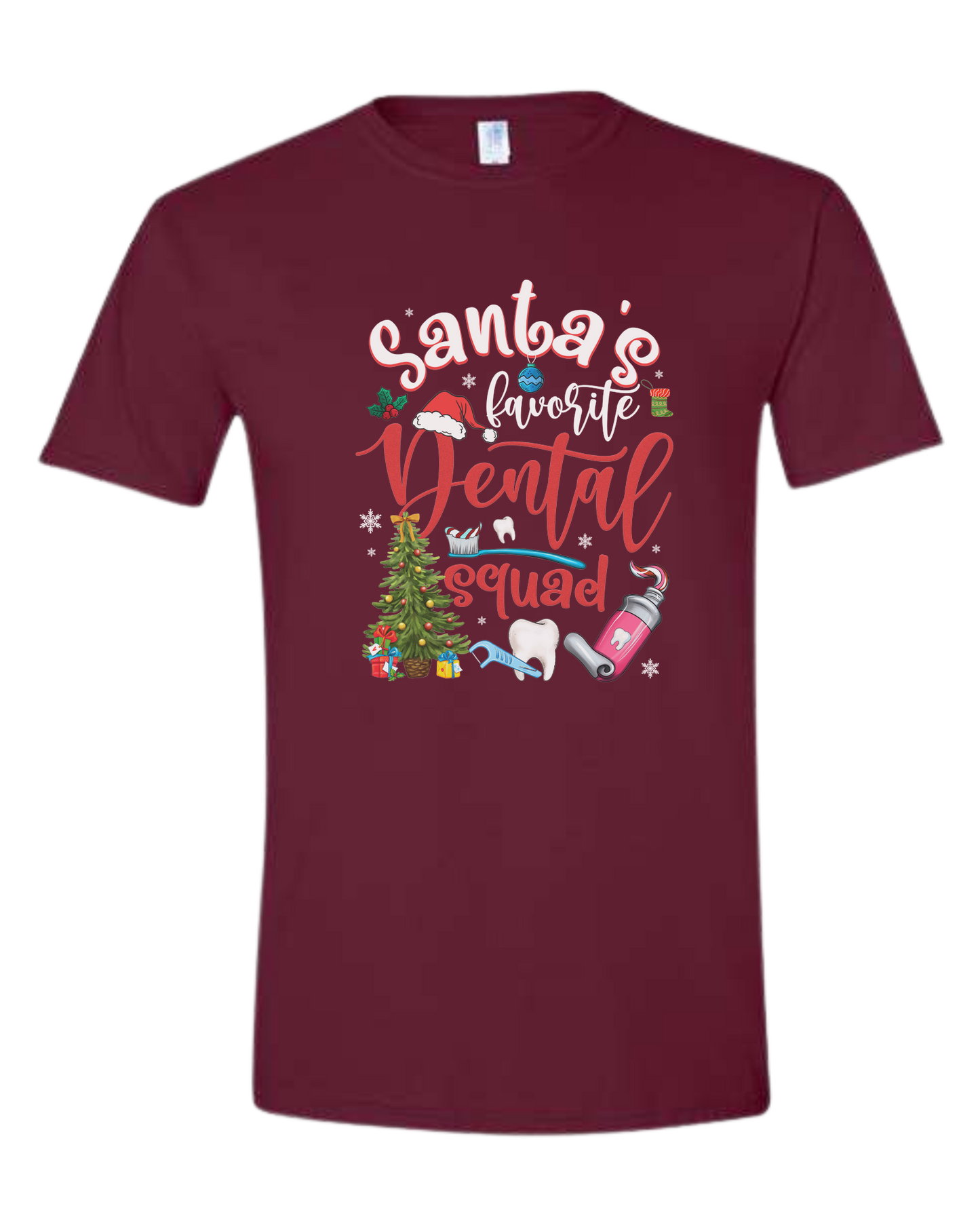 "Santa's favorite dental Squad" graphic Unisex crew-neck graphic tee Maroon
