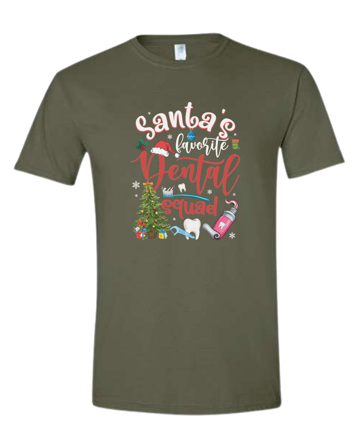 "Santa's favorite dental Squad" graphic Unisex crew-neck graphic tee Military Green