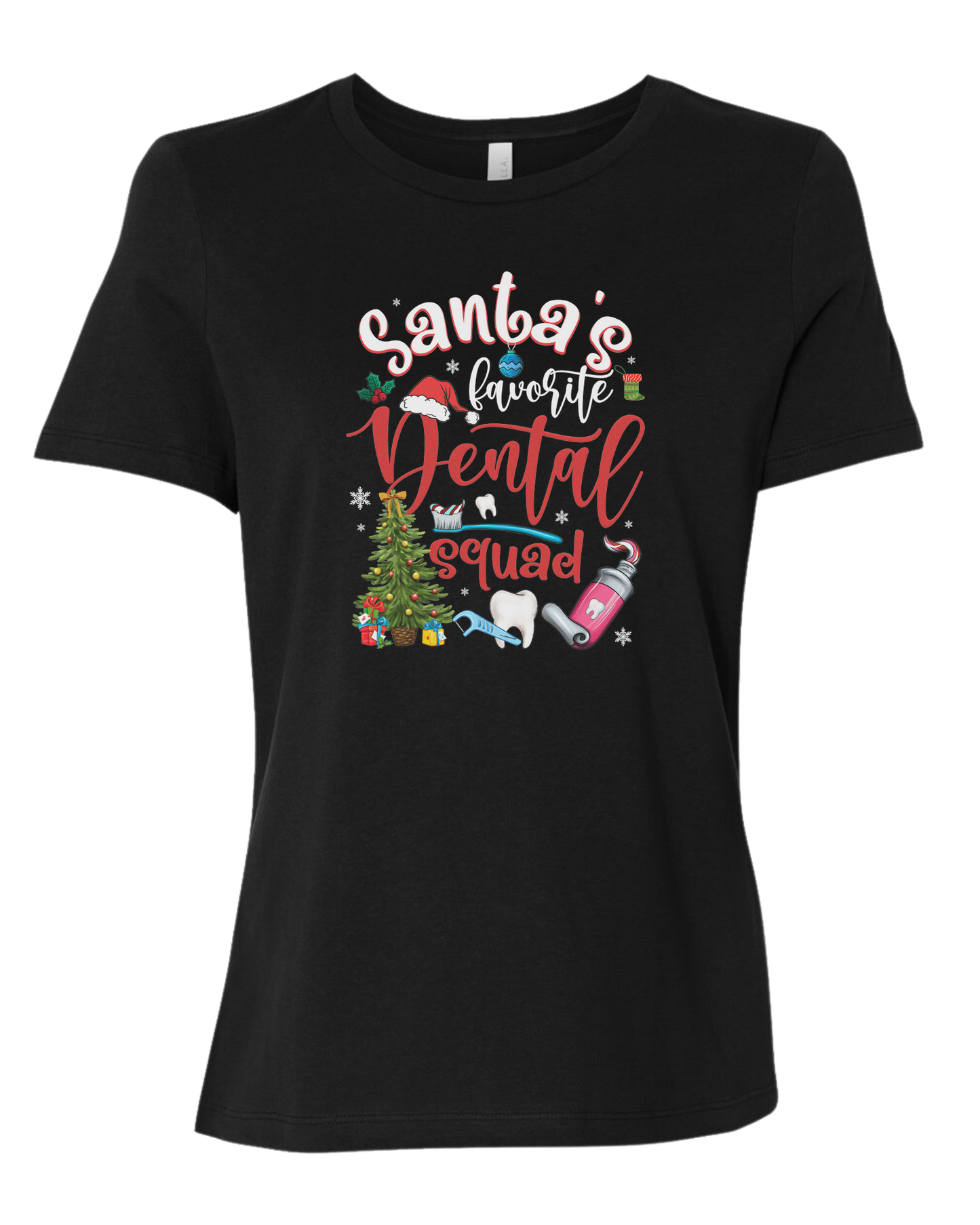 "Santa's favorite dental Squad" graphic Women's fit premium crewneck tee Black