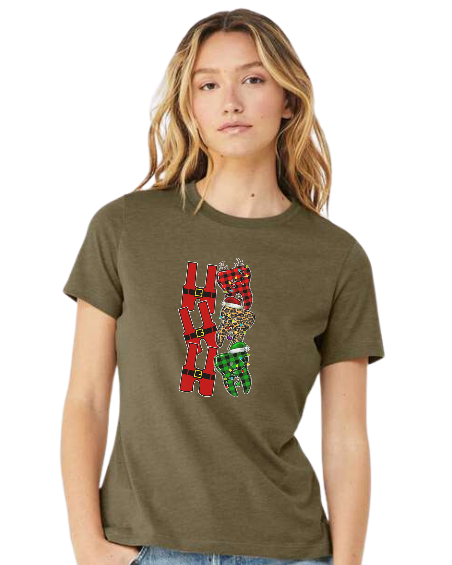 Santa suit H "HO HO HO" graphic Women's fit premium crewneck tee Olive