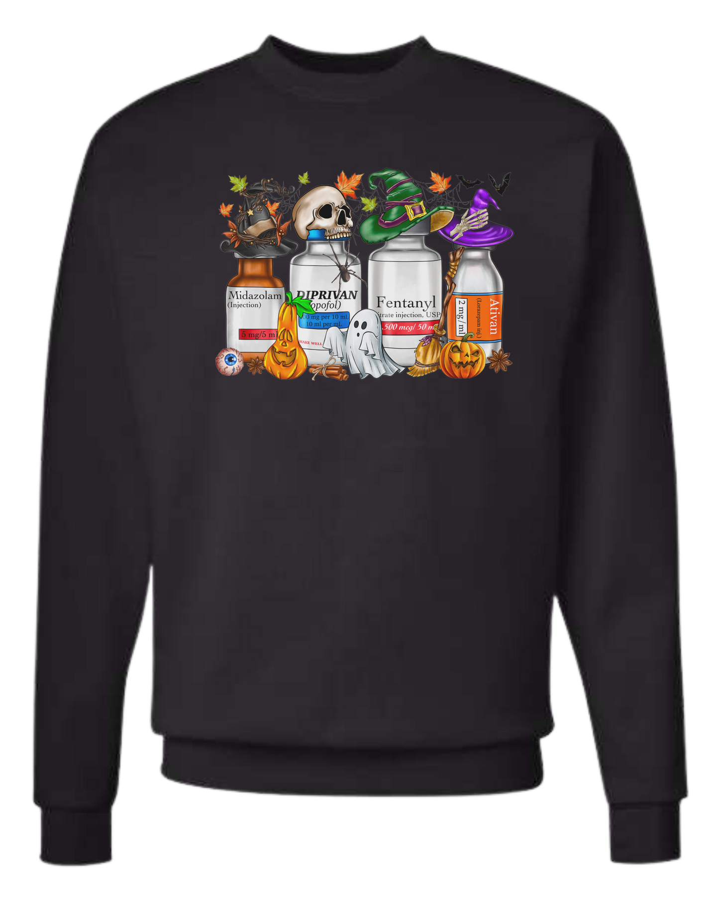Spooky Medication Bottles graphic Classic unisex crewneck sweatshirt Black