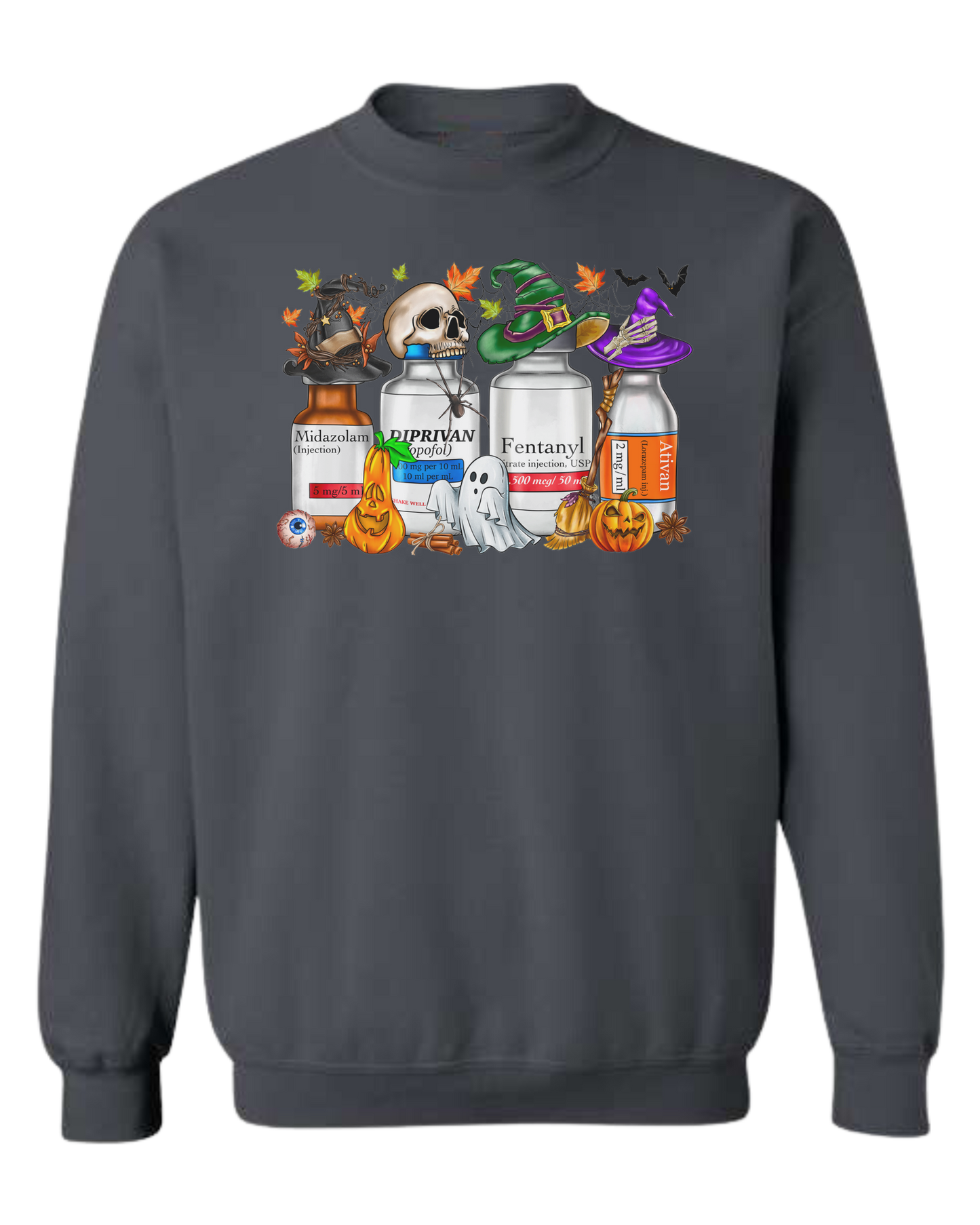 Spooky Medication Bottles graphic Classic unisex crewneck sweatshirt Dark Grey