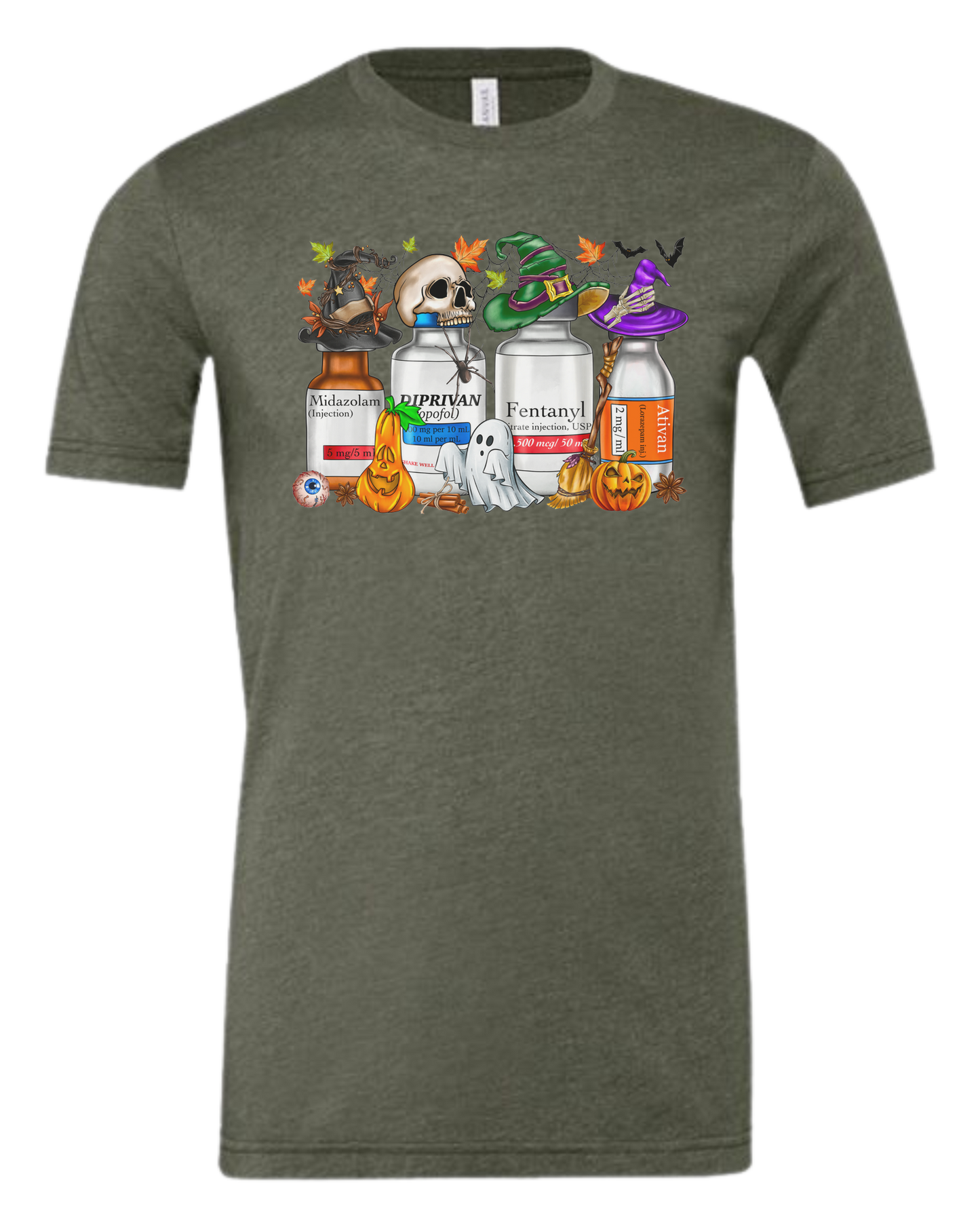Spooky Medication Bottles graphic Premium unisex crewneck tee Military Green