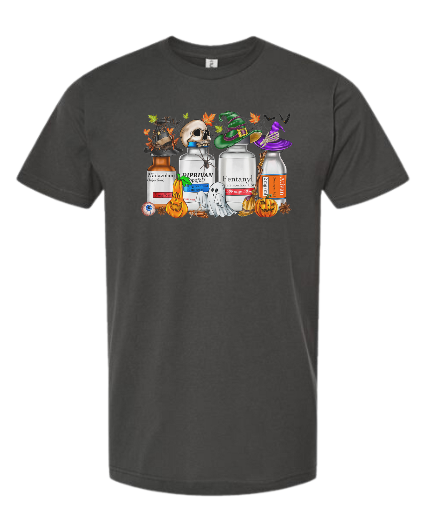 Spooky Medication Bottles graphic Unisex crew-neck graphic tee Charcoal Grey