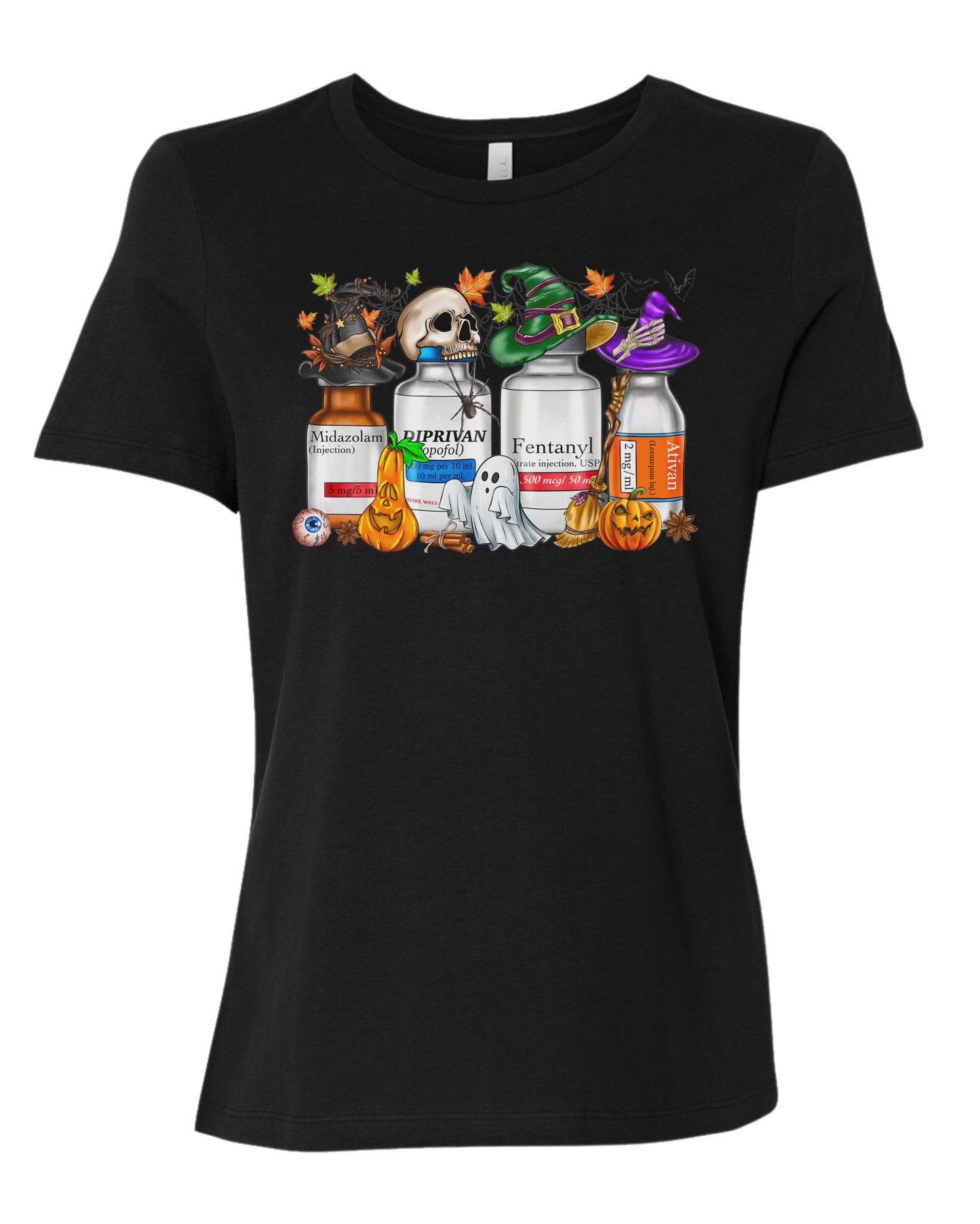 Spooky Medication Bottles graphic Women's fit premium crewneck tee Black